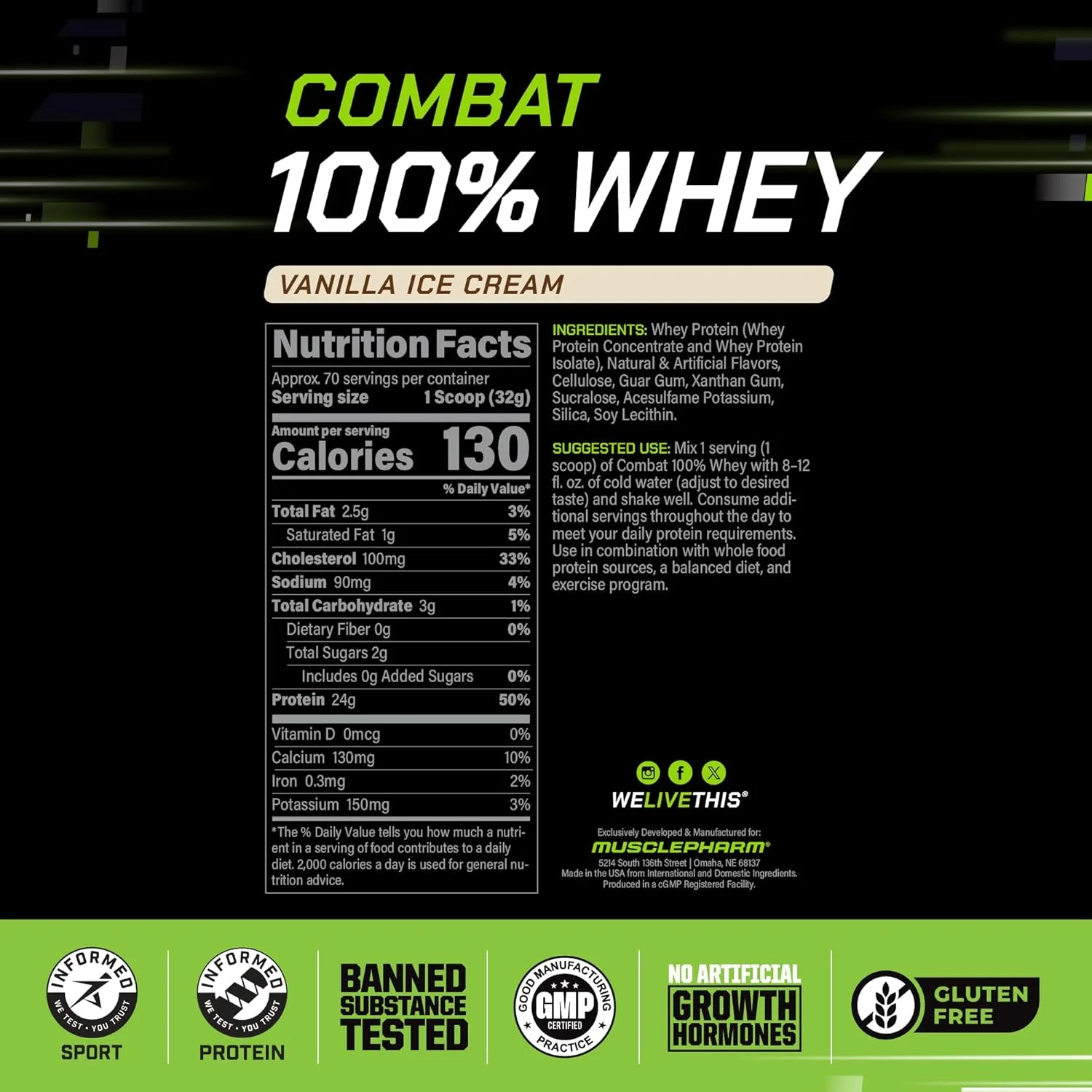 پودر پروتئین وی MusclePharm Combat 100% Whey، پروتئین وی عضله ساز، وانیلی، 5 پوند، 73 سروینگ