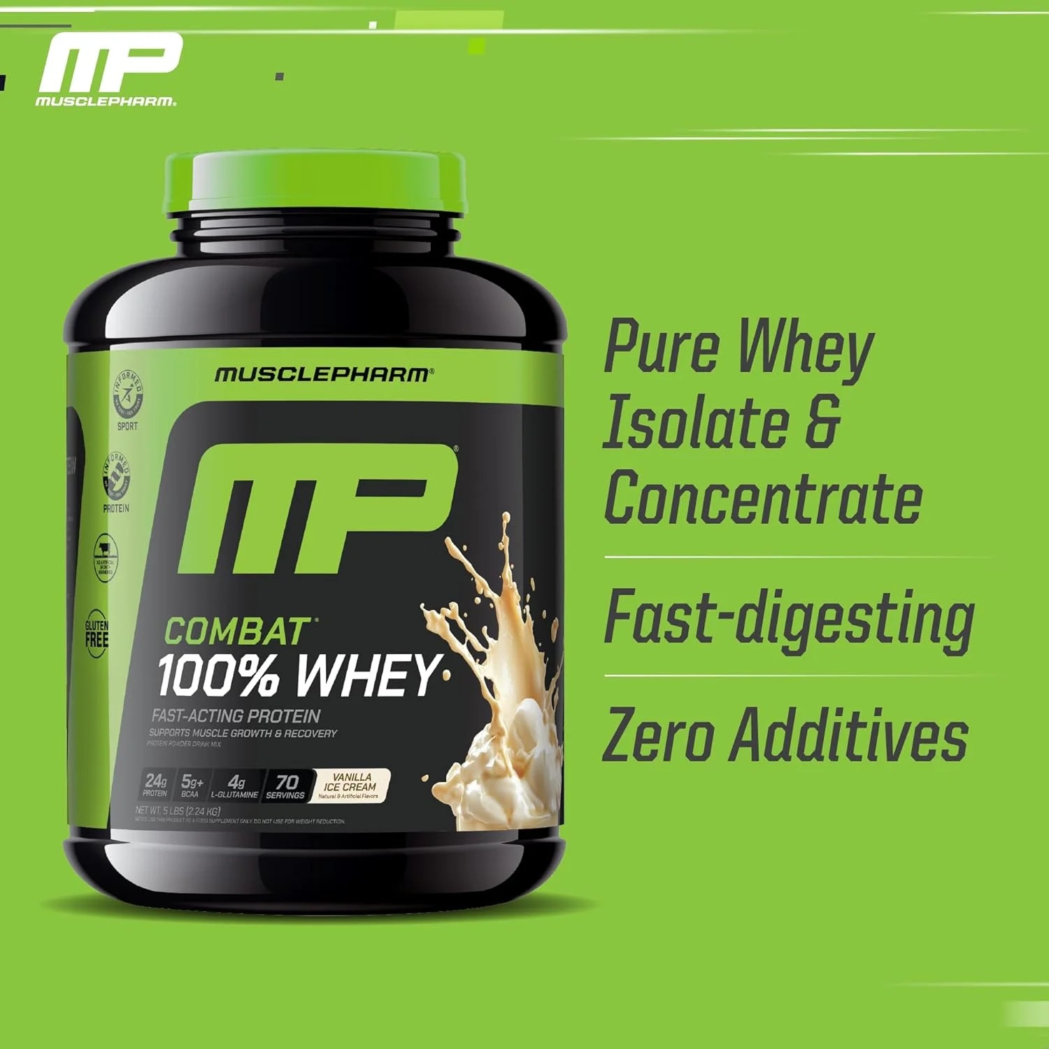پودر پروتئین وی MusclePharm Combat 100% Whey، پروتئین وی عضله ساز، وانیلی، 5 پوند، 73 سروینگ