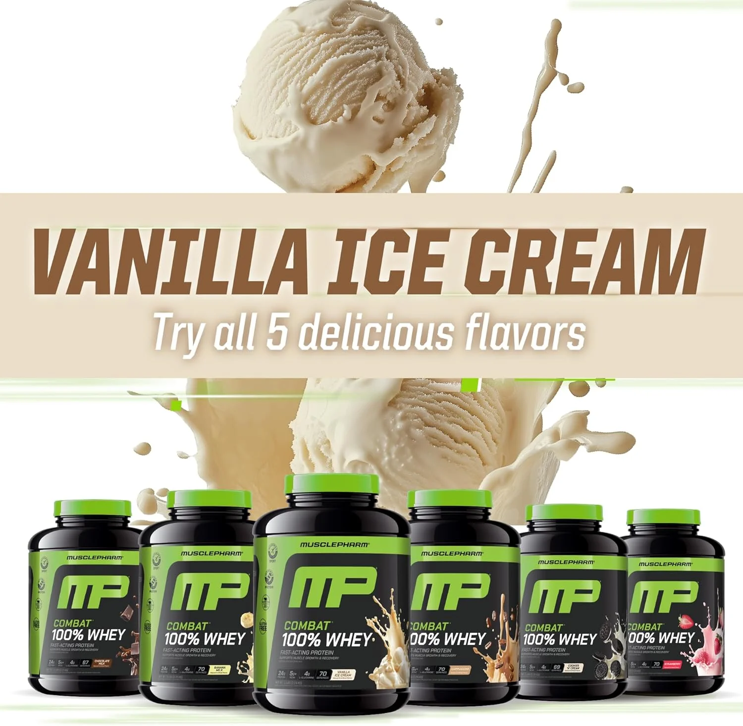 پودر پروتئین وی MusclePharm Combat 100% Whey، پروتئین وی عضله ساز، وانیلی، 5 پوند، 73 سروینگ