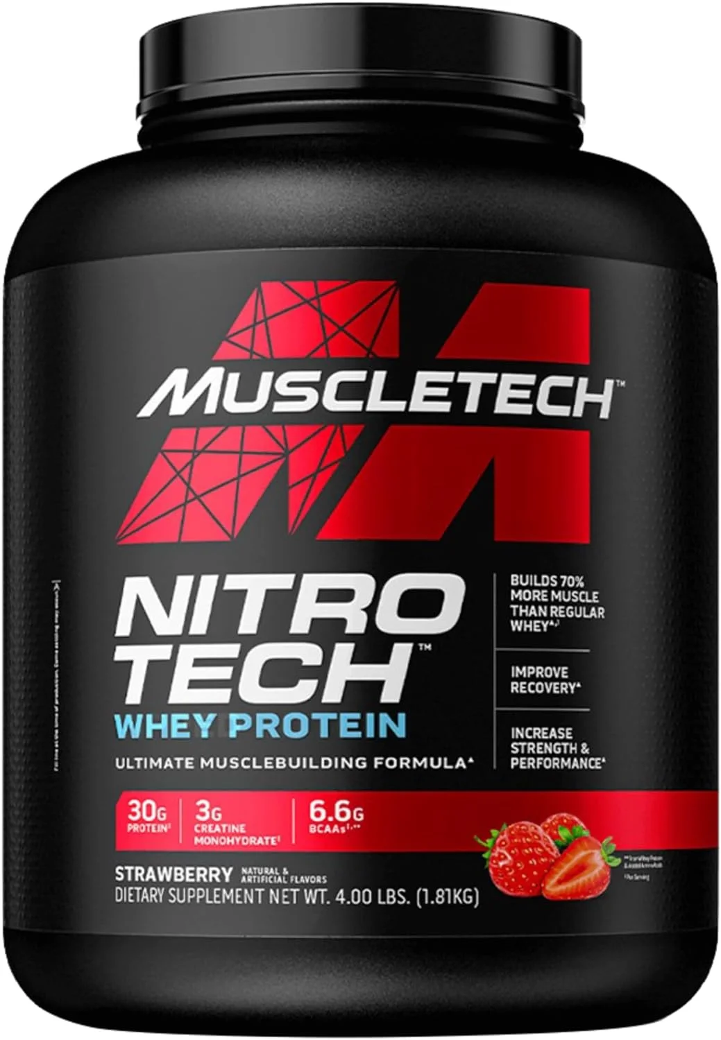 Muscletech NitroTech پروتئین وی، فرمول نهایی عضله سازی با ترکیبی منحصر به فرد از پروتئین وی ایزوله و پپتیدها - 30 گرم پروتئین، 3 گرم کراتین و 6.6 گرم BCAA، طعم توت فرنگی، 4.00 پوند Muscletech NitroTech پروتئین وی، فرمول نهایی عضله سازی با ترکیبی منحصر به فرد از پروتئین وی ایزوله و پپتیدها - 30 گرم پروتئین، 3 گرم کراتین و 6.6 گرم BCAA، طعم توت فرنگی، 4.00 پوند