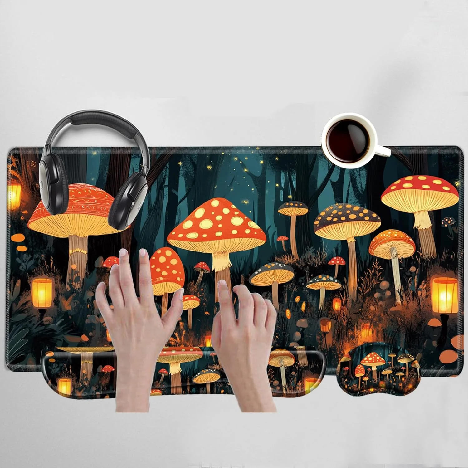 ست پد ماوس قارچی و استراحت مچ دست کیبورد، زیرانداز ژاپنی میز، پد ماوس گیمینگ با پشتیبانی مچ دست XXL، زیرانداز کامپیوتر 80x40 سانتی متر، دکوراسیون سازماندهی پد ماوس