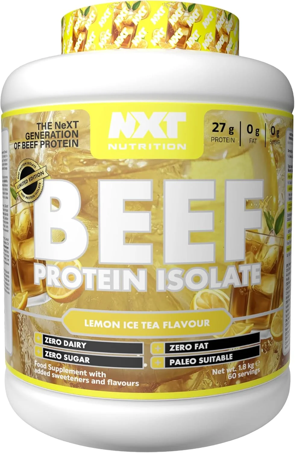 پودر پروتئین ایزوله گوشت گاو NXT Nutrition - پودر پروتئین، جایگزین پروتئین وی و پودر پروتئین وگان، حلال، بدون لاکتوز، لبنیات، گلوتن و سویا - 60 سروینگ 1.8 کیلوگرم طعم چای لیمو