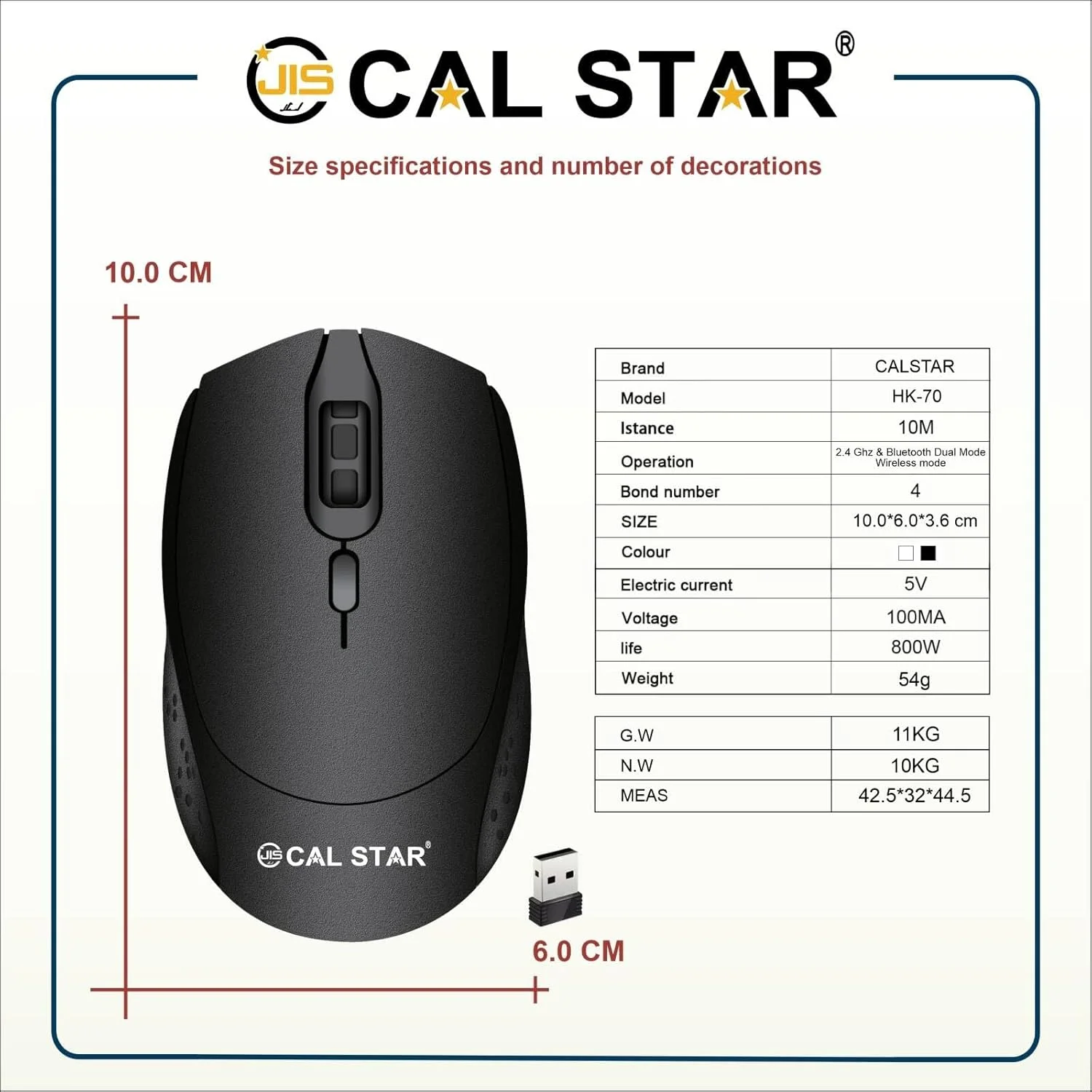 موس بی‌سیم Cal Star HK-70 - 2.4 گیگاهرتز با دانگل نانو USB، 1600 DPI، 4 دکمه با دقت بالا، طراحی ارگونومیک و دو طرفه برای PC، Mac، لپ‌تاپ، تبلت (مشکی)