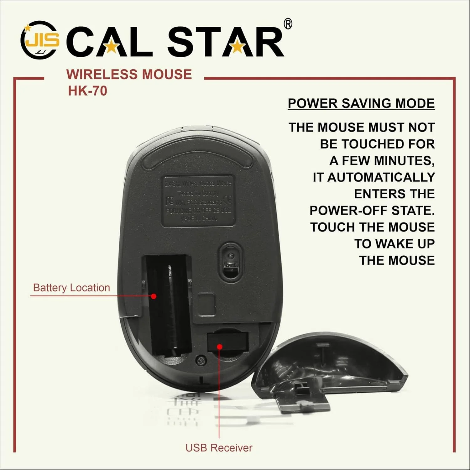 موس بی‌سیم Cal Star HK-70 - 2.4 گیگاهرتز با دانگل نانو USB، 1600 DPI، 4 دکمه با دقت بالا، طراحی ارگونومیک و دو طرفه برای PC، Mac، لپ‌تاپ، تبلت (مشکی)
