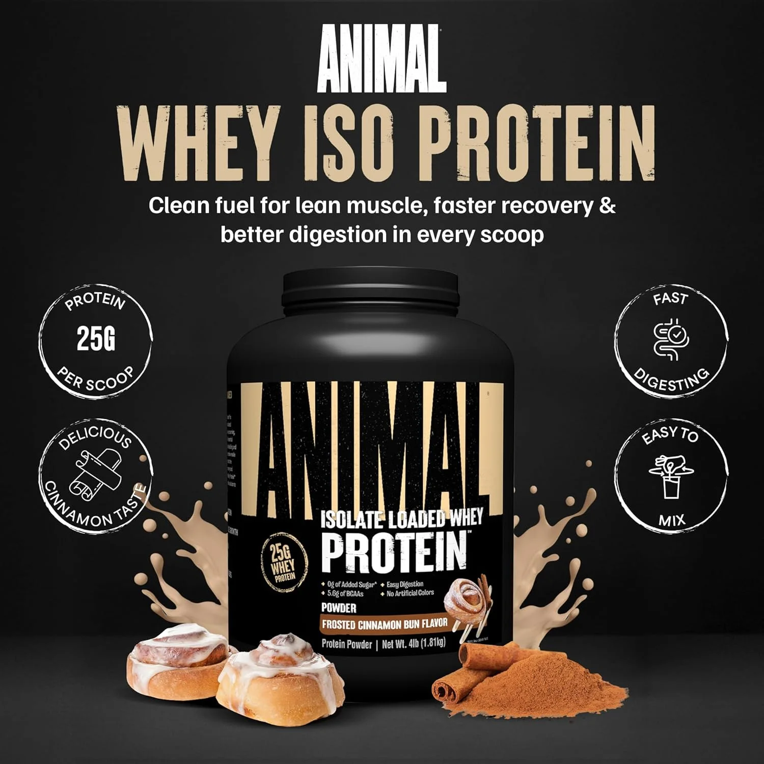 پودر پروتئین وی ایزوله Animal Whey - ایزوله بارگیری شده برای بعد از تمرین و ریکاوری - کم شکر با پروتئین وی ایزوله بسیار قابل هضم - نان دارچینی یخ زده - 4 پوند پودر پروتئین وی ایزوله Animal Whey - ایزوله بارگیری شده برای بعد از تمرین و ریکاوری - کم شکر با پروتئین وی ایزوله بسیار قابل هضم - نان دارچینی یخ زده - 4 پوند