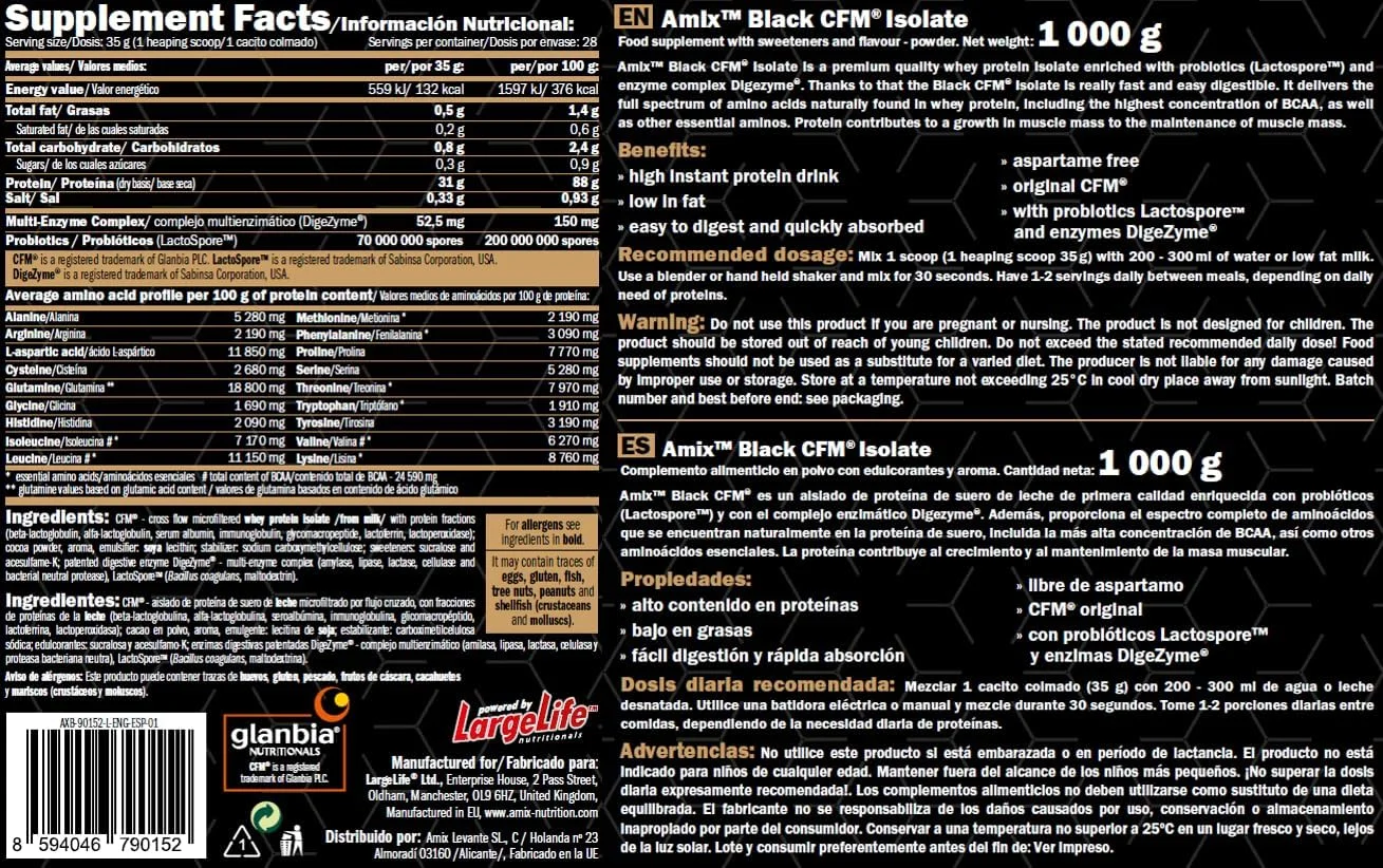 Amix | پروتئین BLACK CFM ISOLATE - کمک به حفظ توده عضلانی - حاوی آنزیم های گوارشی - هضم آسان - جذب سریع - پودر پروتئین - 1 کیلوگرم - طعم کیک شکلاتی Amix | پروتئین BLACK CFM ISOLATE - کمک به حفظ توده عضلانی - حاوی آنزیم های گوارشی - هضم آسان - جذب سریع - پودر پروتئین - 1 کیلوگرم - طعم کیک شکلاتی