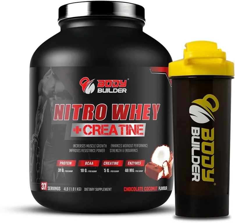 پروتئین وی نیترو + کراتین Body Builder - 31 گرم پروتئین وی، 5 گرم کراتین، 10 گرم BCAA و آنزیم های گوارشی برای افزایش حجم عضلانی، افزایش انرژی (1.8 کیلوگرم، شکلات نارگیل) - بدون شیکر پروتئین وی نیترو + کراتین Body Builder - 31 گرم پروتئین وی، 5 گرم کراتین، 10 گرم BCAA و آنزیم های گوارشی برای افزایش حجم عضلانی، افزایش انرژی (1.8 کیلوگرم، شکلات نارگیل) - بدون شیکر