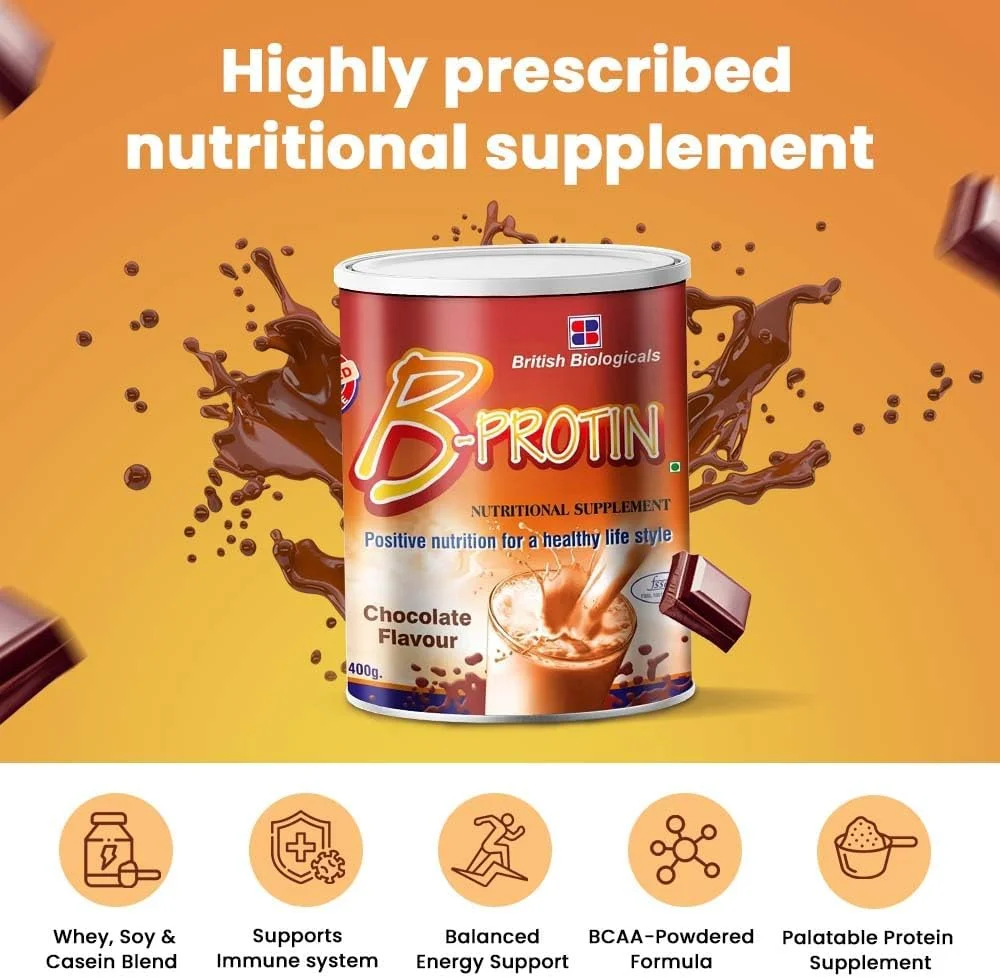 مکمل غذایی بی-پروتئین British Biologicals | ترکیب وی، سویا و کازئین | تقویت سیستم ایمنی و انرژی | ویتامین A، اسید فولیک و روی | پشتیبانی از هضم | بدون گلوتن | طعم شکلات | 400 گرم
