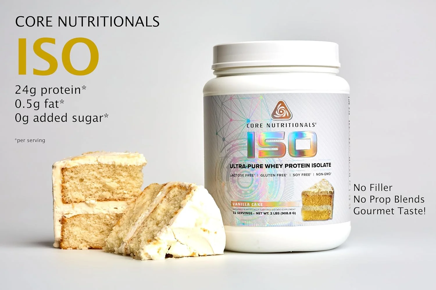 پروتئین وی ایزوله Core Nutritionals | بدون لاکتوز، گلوتن و سویا | 100% میکرو فیلتر شده، پرس سرد | 25 گرم پروتئین | 2 پوند (کیک وانیلی)