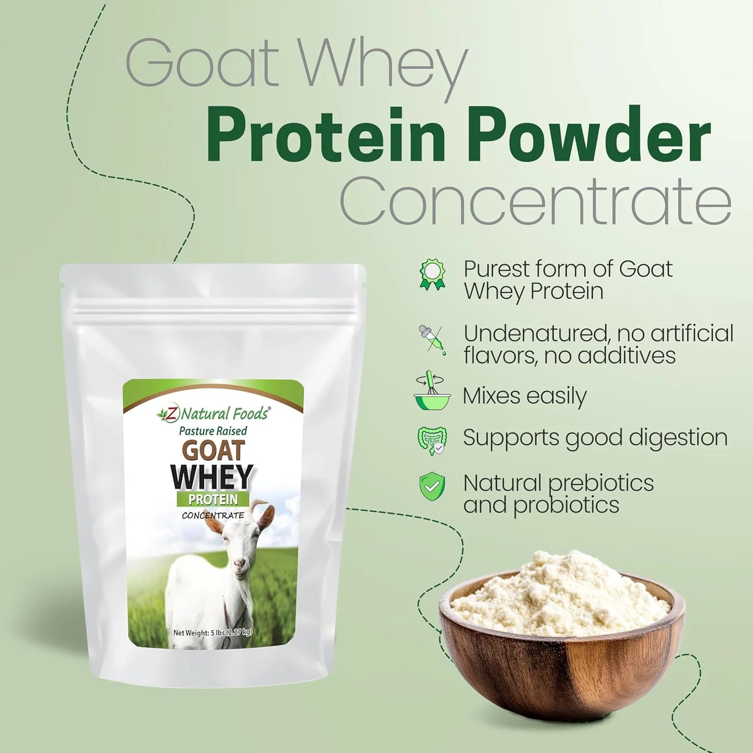 پودر پروتئین وی بز، کنسانتره، سایز بزرگ 5 پوند، بدون طعم و غیر دناتوره شده، تغذیه شده با علف در ایالات متحده آمریکا، منبع خوب BCAAs، بدون هورمون یا آنتی بیوتیک، 100% خالص، بدون گلوتن، غیر GMO، کوشر