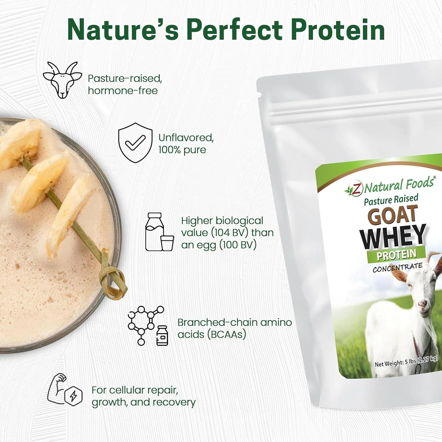 پودر پروتئین وی بز، کنسانتره، سایز بزرگ 5 پوند، بدون طعم و غیر دناتوره شده، تغذیه شده با علف در ایالات متحده آمریکا، منبع خوب BCAAs، بدون هورمون یا آنتی بیوتیک، 100% خالص، بدون گلوتن، غیر GMO، کوشر