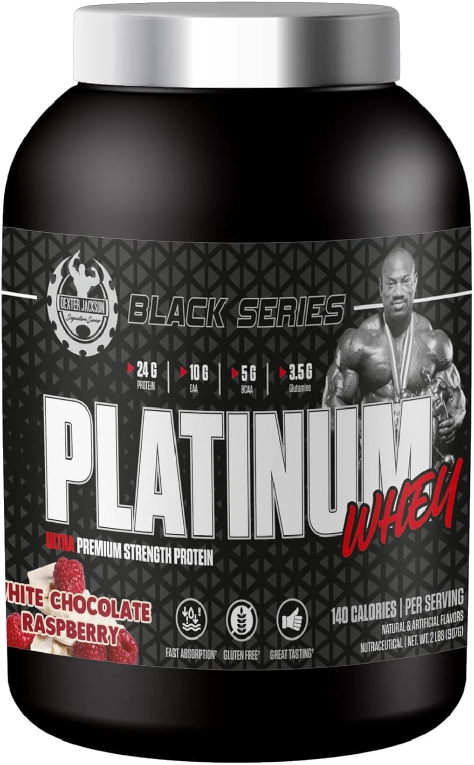 پروتئین وی پلاتینیوم سری بلک دکستر جکسون | 907 گرم (2 پوند، شکلات سفید تمشک) پروتئین وی پلاتینیوم سری بلک دکستر جکسون | 907 گرم (2 پوند، شکلات سفید تمشک)