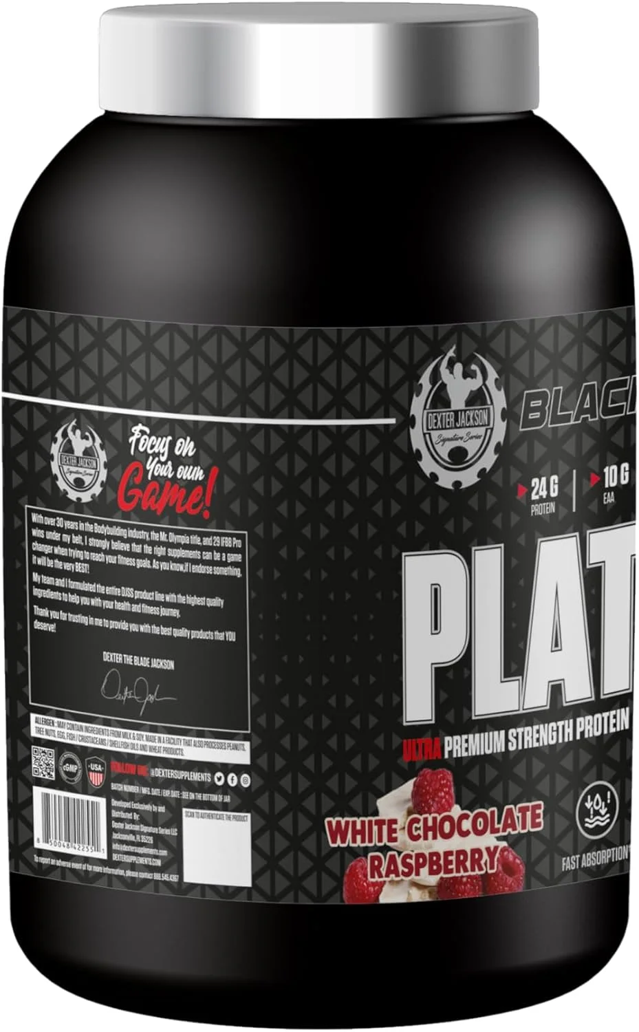 پروتئین وی پلاتینیوم سری بلک دکستر جکسون | 907 گرم (2 پوند، شکلات سفید تمشک) پروتئین وی پلاتینیوم سری بلک دکستر جکسون | 907 گرم (2 پوند، شکلات سفید تمشک)