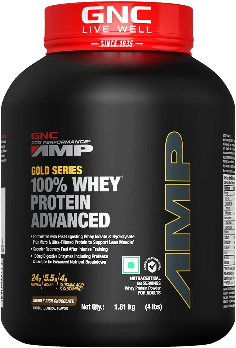 پروتئین وی پیشرفته سری طلایی GNC AMP | 4 پوند | افزایش حجم عضلات خشک | تمرینات شدید | دارای گواهی Informed Choice | 24 گرم پروتئین | 5.5 گرم BCAA | 4 گرم گلوتامین | شکلات دوبل غنی | فرموله شده در ایالات متحده آمریکا