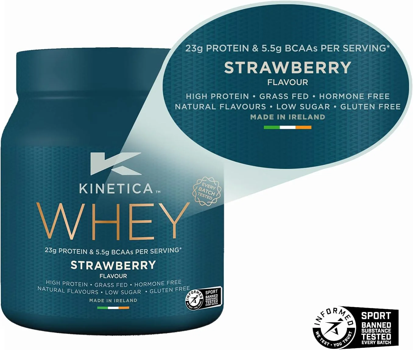 پودر پروتئین وی ورزشی Kinetica - طعم توت فرنگی | 23 گرم پروتئین در هر وعده، 10 وعده در هر بسته 300 گرمی | مکمل بدون گلوتن | بهینه برای رشد و ریکاوری عضلات | به خوبی با آب و شیر مخلوط می شود