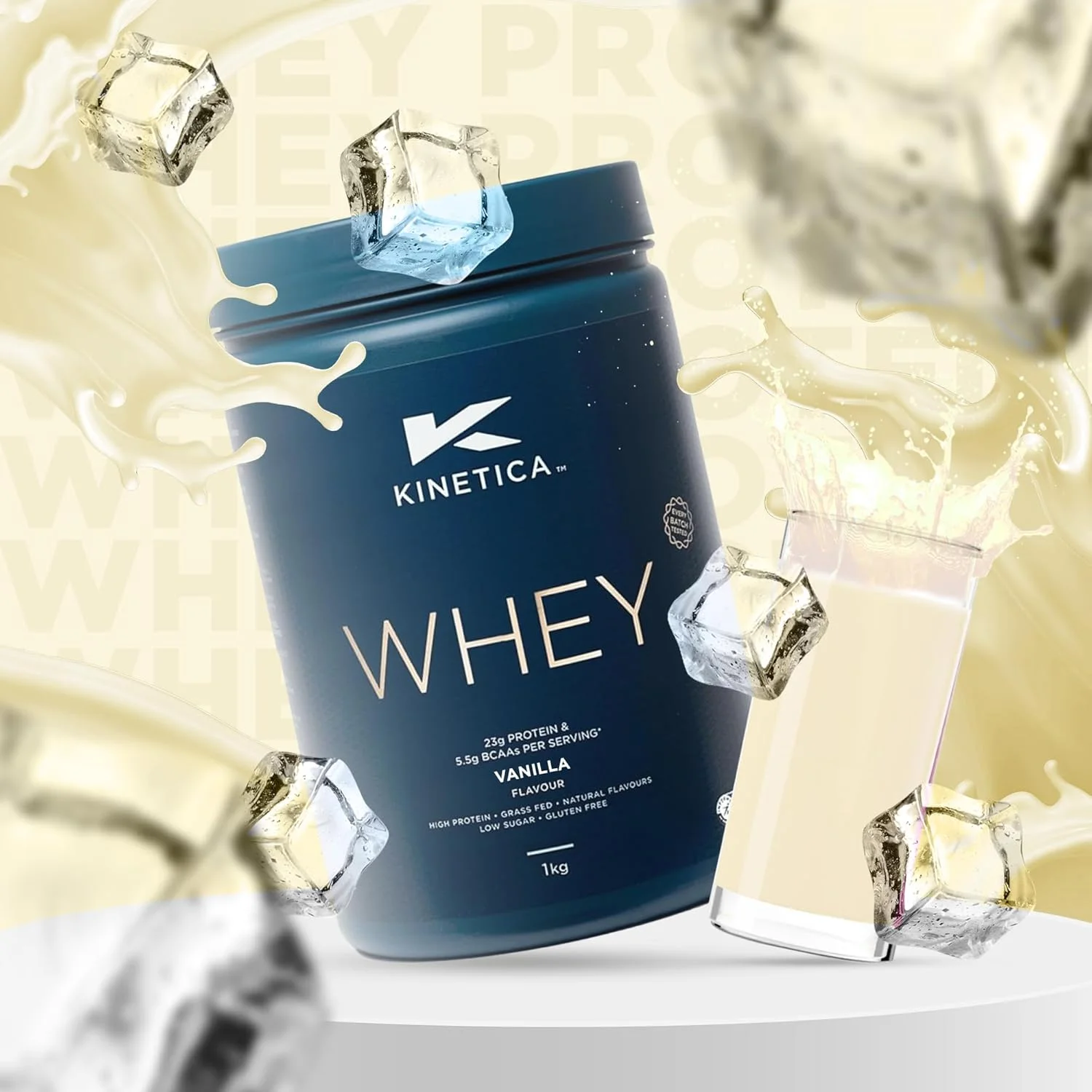 پودر پروتئین وی ورزشی Kinetica - طعم وانیل | 23 گرم پروتئین در هر وعده، 33 وعده در هر بسته 1 کیلوگرمی | مکمل بدون گلوتن | بهینه برای رشد و ریکاوری عضلات | به خوبی با آب، شیر و شیک ها مخلوط می شود