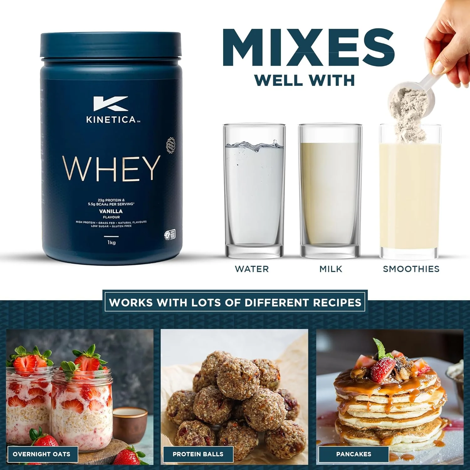 پودر پروتئین وی ورزشی Kinetica - طعم وانیل | 23 گرم پروتئین در هر وعده، 33 وعده در هر بسته 1 کیلوگرمی | مکمل بدون گلوتن | بهینه برای رشد و ریکاوری عضلات | به خوبی با آب، شیر و شیک ها مخلوط می شود