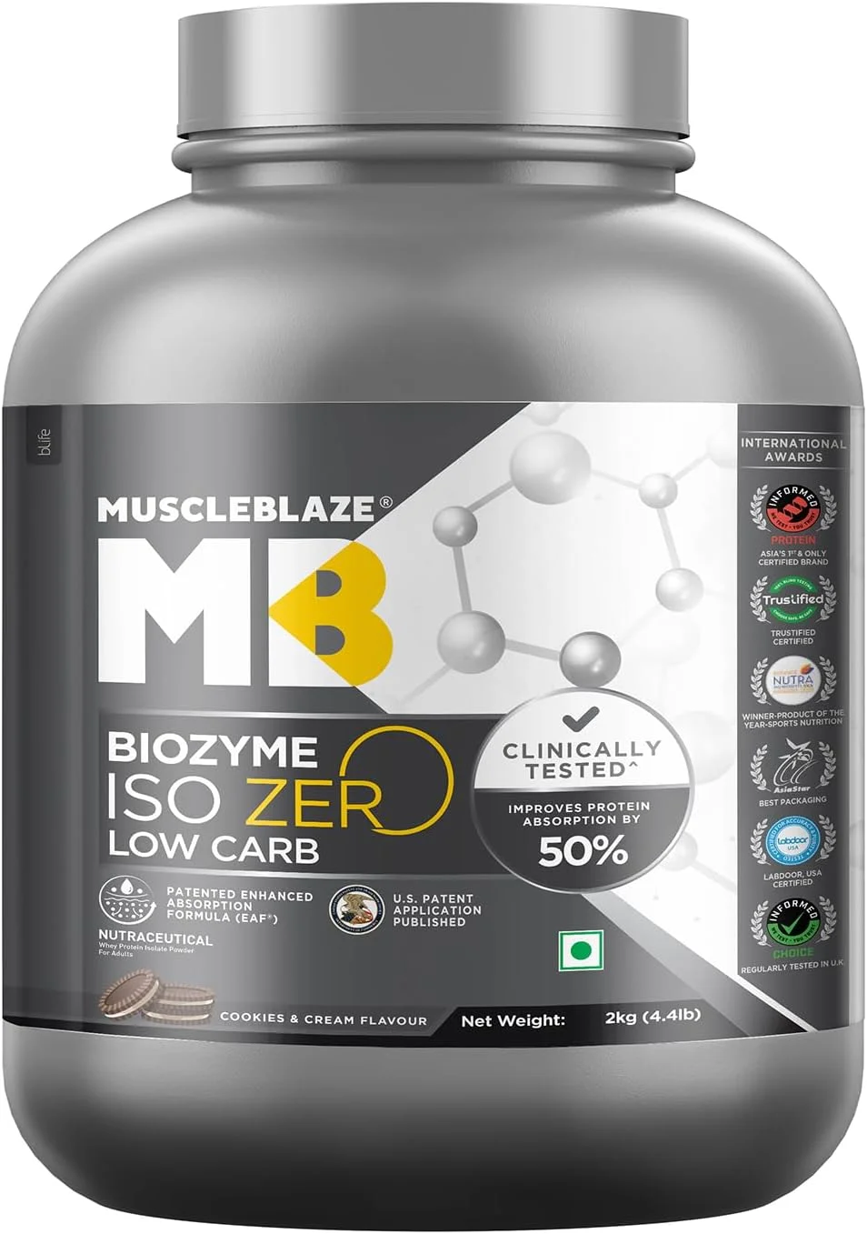 پروتئین وی ایزوله %100 خالص MuscleBlaze Biozyme Iso-Zero، کم کربوهیدرات، با فرمول جذب پیشرفته ثبت شده در ایالات متحده (EAF®)، 27 گرم پروتئین وی ایزوله خالص در هر پیمانه (کوکی و خامه، 2 کیلوگرم / 4.4 پوند) پروتئین وی ایزوله %100 خالص MuscleBlaze Biozyme Iso-Zero، کم کربوهیدرات، با فرمول جذب پیشرفته ثبت شده در ایالات متحده (EAF®)، 27 گرم پروتئین وی ایزوله خالص در هر پیمانه (کوکی و خامه، 2 کیلوگرم / 4.4 پوند)