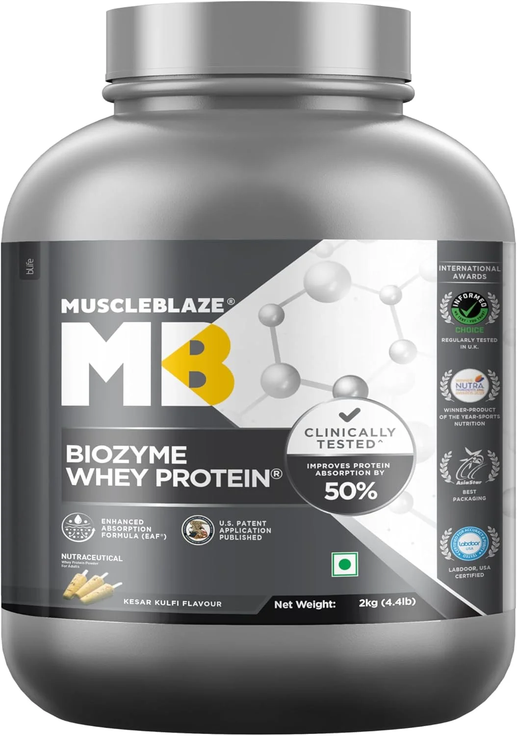 پروتئین وی ایزوله و کنسانتره MuscleBlaze Biozyme | دارای گواهینامه Informed Choice Uk، Labdoor Usa و فرمول جذب پیشرفته ثبت شده در ایالات متحده | (کِسار کلفی، 2 کیلوگرم / 4.4 پوند)