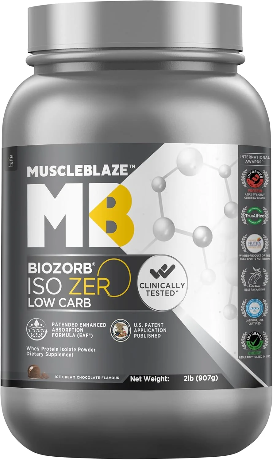 MuscleBlaze Biozorb Iso-Zero، کم کربوهیدرات (شکلات بستنی، 2 پوند / 907 گرم) | 27 گرم پروتئین وی ایزوله خالص در هر پیمانه MuscleBlaze Biozorb Iso-Zero، کم کربوهیدرات (شکلات بستنی، 2 پوند / 907 گرم) | 27 گرم پروتئین وی ایزوله خالص در هر پیمانه