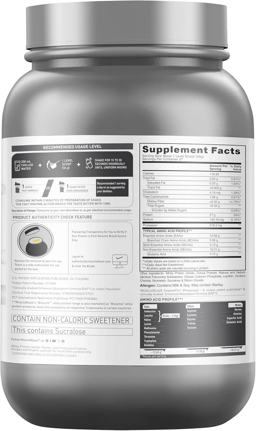 MuscleBlaze Biozorb Iso-Zero، کم کربوهیدرات (شکلات بستنی، 2 پوند / 907 گرم) | 27 گرم پروتئین وی ایزوله خالص در هر پیمانه MuscleBlaze Biozorb Iso-Zero، کم کربوهیدرات (شکلات بستنی، 2 پوند / 907 گرم) | 27 گرم پروتئین وی ایزوله خالص در هر پیمانه