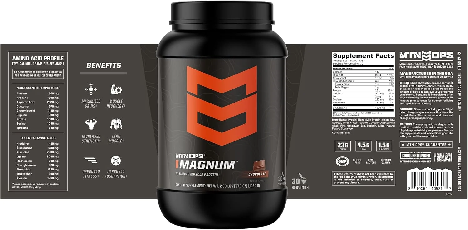 پودر پروتئین شکلاتی MTN OPS Magnum، حاوی 23 گرم پروتئین وی ایزوله و پروتئین شیر با BCAAs، بدون شکر و گلوتن، 30 سروینگ پودر پروتئین شکلاتی MTN OPS Magnum، حاوی 23 گرم پروتئین وی ایزوله و پروتئین شیر با BCAAs، بدون شکر و گلوتن، 30 سروینگ