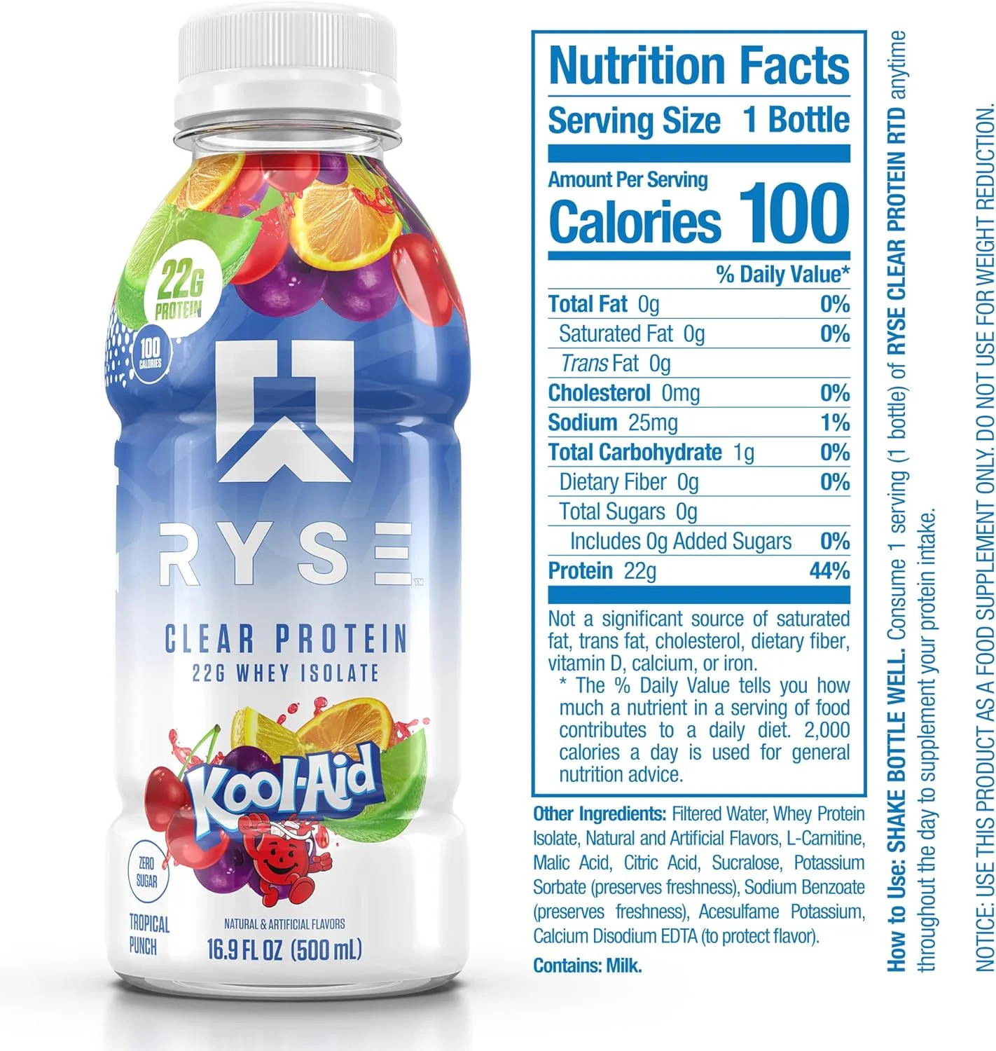 نوشیدنی پروتئینی ایزوله وی شفاف RYSE، پانچ گرمسیری Kool-Aid، 100 کالری، 22 گرم پروتئین، بدون شکر، 0 گرم چربی، بدون لاکتوز، 16.9 fl oz (بسته 12 عددی)