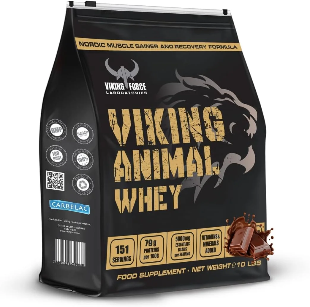 وی پروتئین حیوانی VIKING FORCE - طعم شکلاتی، فرمول عضله ساز و ریکاوری نوردیک، 10 پوند، 151 سروینگ، 23.7 گرم پروتئین در هر سروینگ، با ویتامین ها و مواد معدنی افزوده وی پروتئین حیوانی VIKING FORCE - طعم شکلاتی، فرمول عضله ساز و ریکاوری نوردیک، 10 پوند، 151 سروینگ، 23.7 گرم پروتئین در هر سروینگ، با ویتامین ها و مواد معدنی افزوده