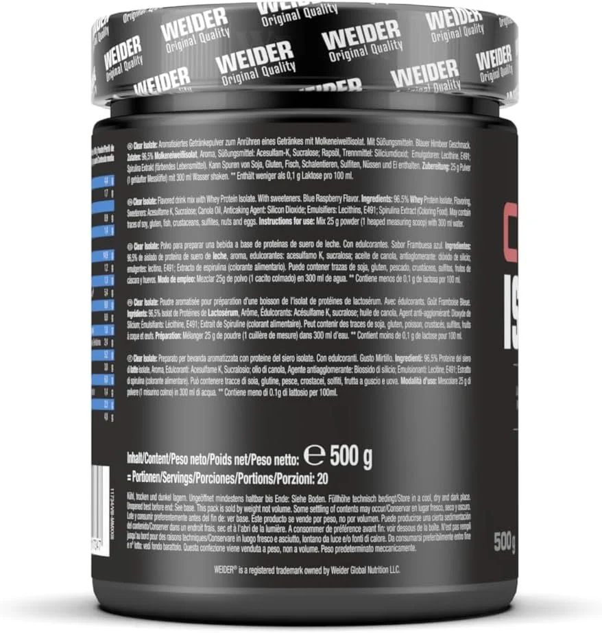 WEIDER - پروتئین وی ایزوله شفاف، پروتئین وی ایزوله میوه ای با پروتئین بالا برای شیک های پروتئینی با طراوت، پودر پروتئین درجه یک با کیفیت عالی، بدون قند، تمشک آبی، 500 گرم WEIDER - پروتئین وی ایزوله شفاف، پروتئین وی ایزوله میوه ای با پروتئین بالا برای شیک های پروتئینی با طراوت، پودر پروتئین درجه یک با کیفیت عالی، بدون قند، تمشک آبی، 500 گرم