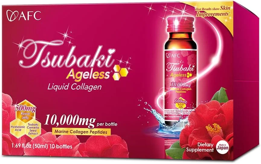 نوشیدنی کلاژن زیبایی بی انتها AFC ژاپن Tsubaki از ژاپن با 10000 میلی گرم پپتیدهای کلاژن دریایی + 500 میلی گرم ژل رویال + اسید هیالورونیک + ویتامین های B و C برای احیای پوست (1.69 fl.oz x 10 بطری)