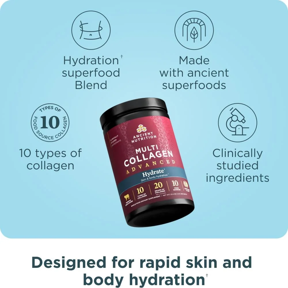 پودر پروتئین کلاژن چندگانه پیشرفته Ancient Nutrition Hydrate، لیمو ترش، 30 سروینگ