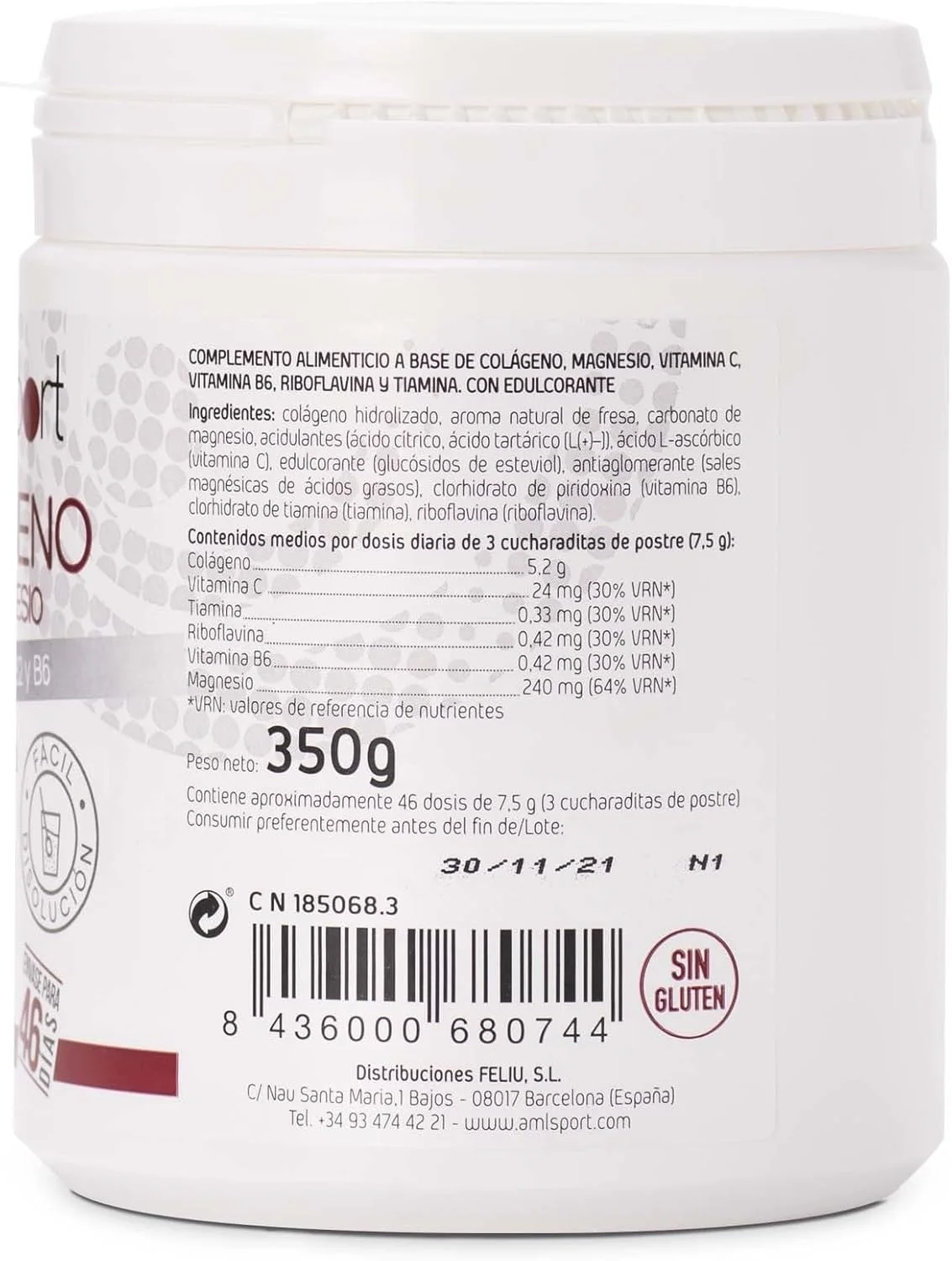 کلاژن آمل اسپورت با منیزیم و ویتامین های C/B1/B2 و B6، 350 گرم، طعم توت فرنگی