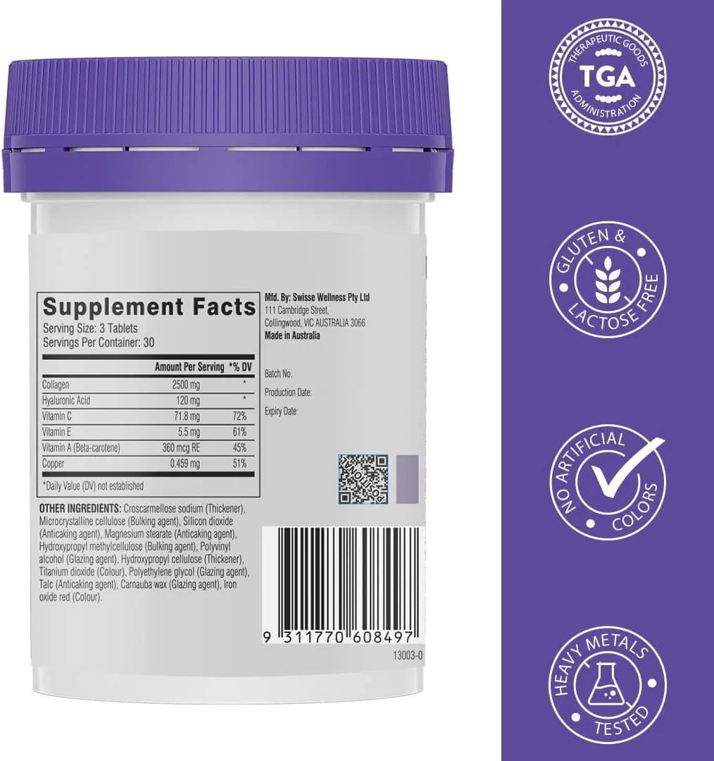 قرص کلاژن + هیالورونیک اسید SWISSE | حاوی پپتیدها، ویتامین C و E برای تقویت ترمیم و بازسازی پوست برای داشتن پوستی جوان و درخشان | برای آقایان و خانم ها | 90 قرص (30 سروینگ) قرص کلاژن + هیالورونیک اسید SWISSE | حاوی پپتیدها، ویتامین C و E برای تقویت ترمیم و بازسازی پوست برای داشتن پوستی جوان و درخشان | برای آقایان و خانم ها | 90 قرص (30 سروینگ)