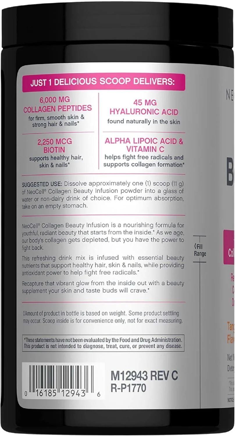 پودر کلاژن NeoCell با بیوتین، ویتامین C و اسید هیالورونیک، کلاژن نوع 1 و 3، تزریق زیبایی برای ترویج پوست زیبا، مو و ناخن سالم، بدون گلوتن، نارنگی، 330 گرم پودر کلاژن NeoCell با بیوتین، ویتامین C و اسید هیالورونیک، کلاژن نوع 1 و 3، تزریق زیبایی برای ترویج پوست زیبا، مو و ناخن سالم، بدون گلوتن، نارنگی، 330 گرم