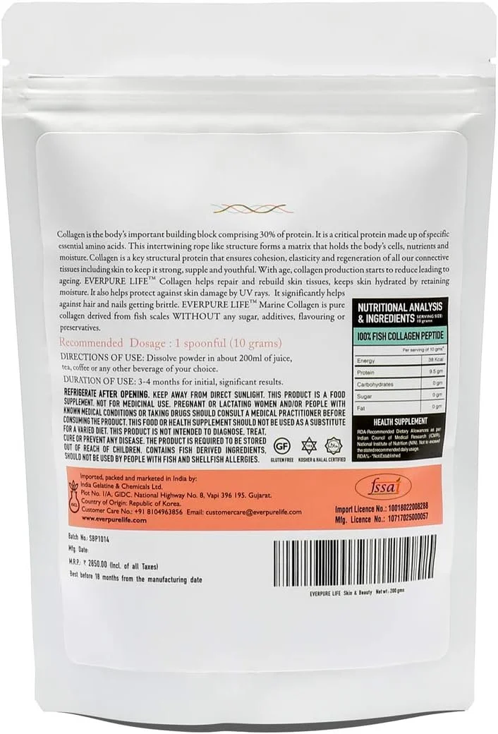 پودر کلاژن دریایی هیدرولیز شده کره ای Everpure Life - پپتیدهای کلاژن خالص نوع I برای پوست درخشان، مو و ناخن های سالم - بدون شکر/طعم دهنده/مواد افزودنی و با منبع پایدار - 200 گرم پودر کلاژن دریایی هیدرولیز شده کره ای Everpure Life - پپتیدهای کلاژن خالص نوع I برای پوست درخشان، مو و ناخن های سالم - بدون شکر/طعم دهنده/مواد افزودنی و با منبع پایدار - 200 گرم