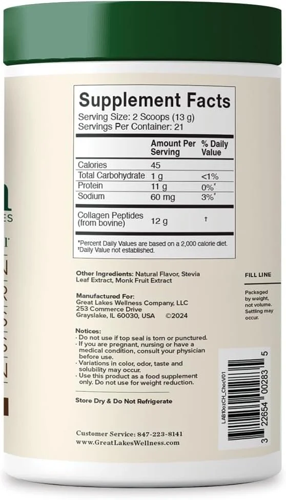 پودر پپتیدهای کلاژن Great Lakes Wellness برای پوست، مو، ناخن، مفاصل و هضم - با طعم شکلات - هیدرولیز شده با قابلیت حل سریع، غیر GMO، کوشر - 283 گرم پودر پپتیدهای کلاژن Great Lakes Wellness برای پوست، مو، ناخن، مفاصل و هضم - با طعم شکلات - هیدرولیز شده با قابلیت حل سریع، غیر GMO، کوشر - 283 گرم