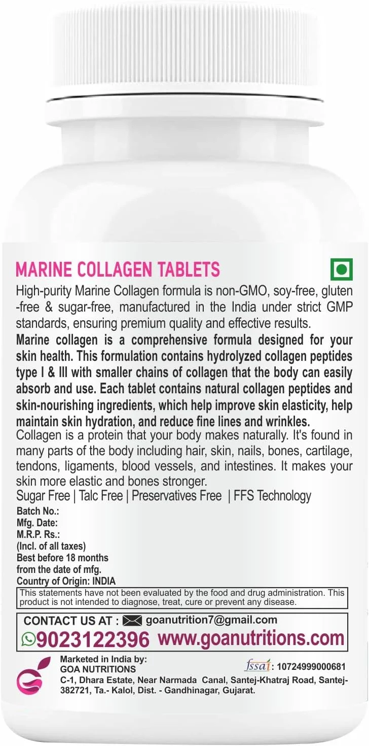 پودر کلاژن دریایی GOA NUTRITIONS برای پوست و مو، مکمل آقایان و بانوان حاوی اسید هیالورونیک، بیوتین و ویتامین C، مکمل های B12، پپتید پروتئین هیدرولیز شده - 60 قرص بدون شکر پودر کلاژن دریایی GOA NUTRITIONS برای پوست و مو، مکمل آقایان و بانوان حاوی اسید هیالورونیک، بیوتین و ویتامین C، مکمل های B12، پپتید پروتئین هیدرولیز شده - 60 قرص بدون شکر