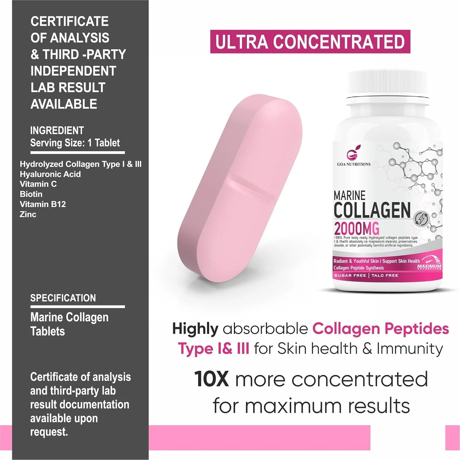 پودر کلاژن دریایی GOA NUTRITIONS برای پوست و مو، مکمل آقایان و بانوان حاوی اسید هیالورونیک، بیوتین و ویتامین C، مکمل های B12، پپتید پروتئین هیدرولیز شده - 60 قرص بدون شکر پودر کلاژن دریایی GOA NUTRITIONS برای پوست و مو، مکمل آقایان و بانوان حاوی اسید هیالورونیک، بیوتین و ویتامین C، مکمل های B12، پپتید پروتئین هیدرولیز شده - 60 قرص بدون شکر