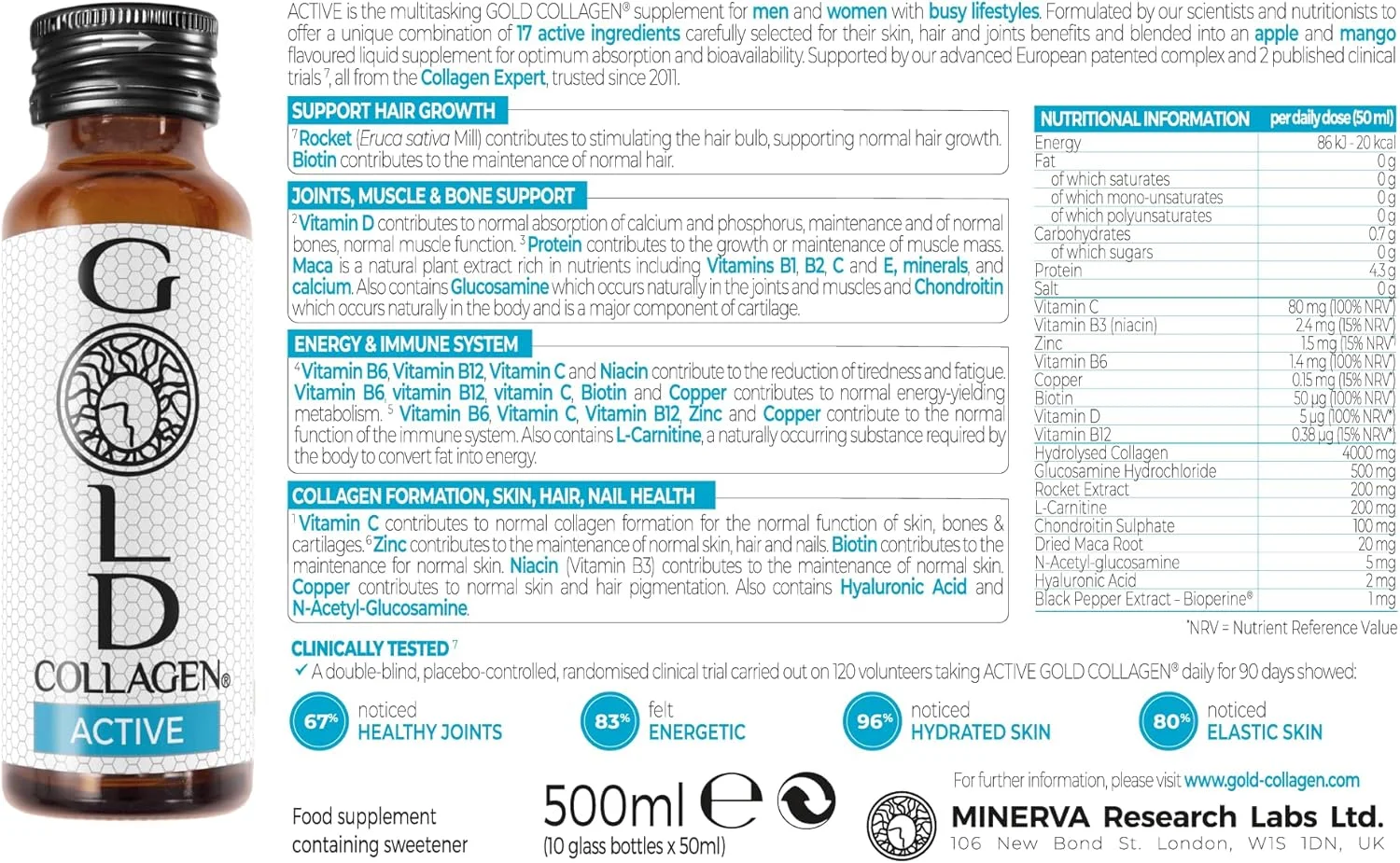 گلد کلاژن اکتیو - مکمل های کلاژن برای زنان و مردان حاوی ویتامین C و گلوکزامین - مکمل رشد مفاصل، استخوان ها، پوست و مو با اسید هیالورونیک و بیوتین، 10 بطری 50 میلی لیتری گلد کلاژن اکتیو - مکمل های کلاژن برای زنان و مردان حاوی ویتامین C و گلوکزامین - مکمل رشد مفاصل، استخوان ها، پوست و مو با اسید هیالورونیک و بیوتین، 10 بطری 50 میلی لیتری