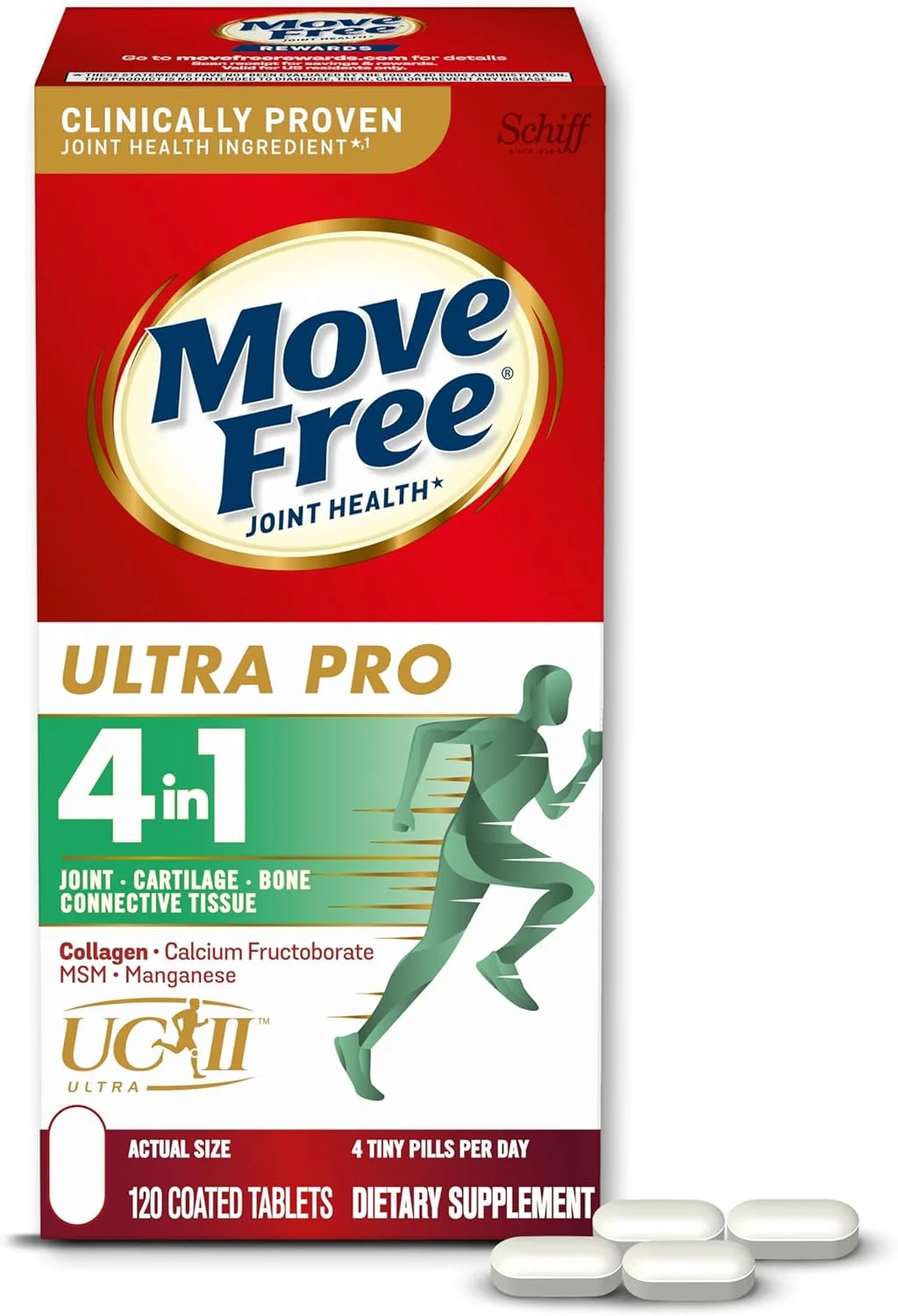 قرص های پشتیبانی از مفاصل Move Free Ultra Pro 4 در 1 حاوی کلاژن نوع II، یونیفلکس، MSM، منگنز (120 عدد در جعبه)، تسکین دهنده بالینی مفاصل، کمک به حمایت از استخوان های سالم* قرص های پشتیبانی از مفاصل Move Free Ultra Pro 4 در 1 حاوی کلاژن نوع II، یونیفلکس، MSM، منگنز (120 عدد در جعبه)، تسکین دهنده بالینی مفاصل، کمک به حمایت از استخوان های سالم*
