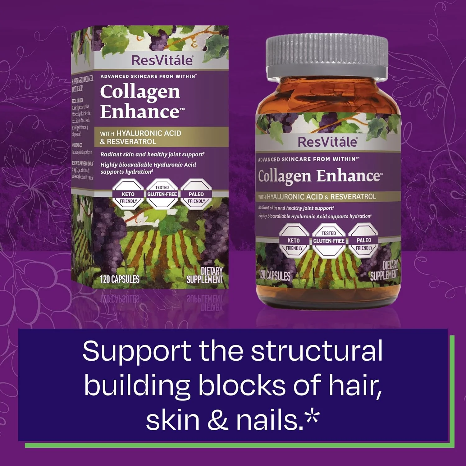 مکمل زیبایی ResVitale Collagen Enhance - حاوی اسید هیالورونیک و رسوراترول - 120 کپسول مکمل زیبایی ResVitale Collagen Enhance - حاوی اسید هیالورونیک و رسوراترول - 120 کپسول