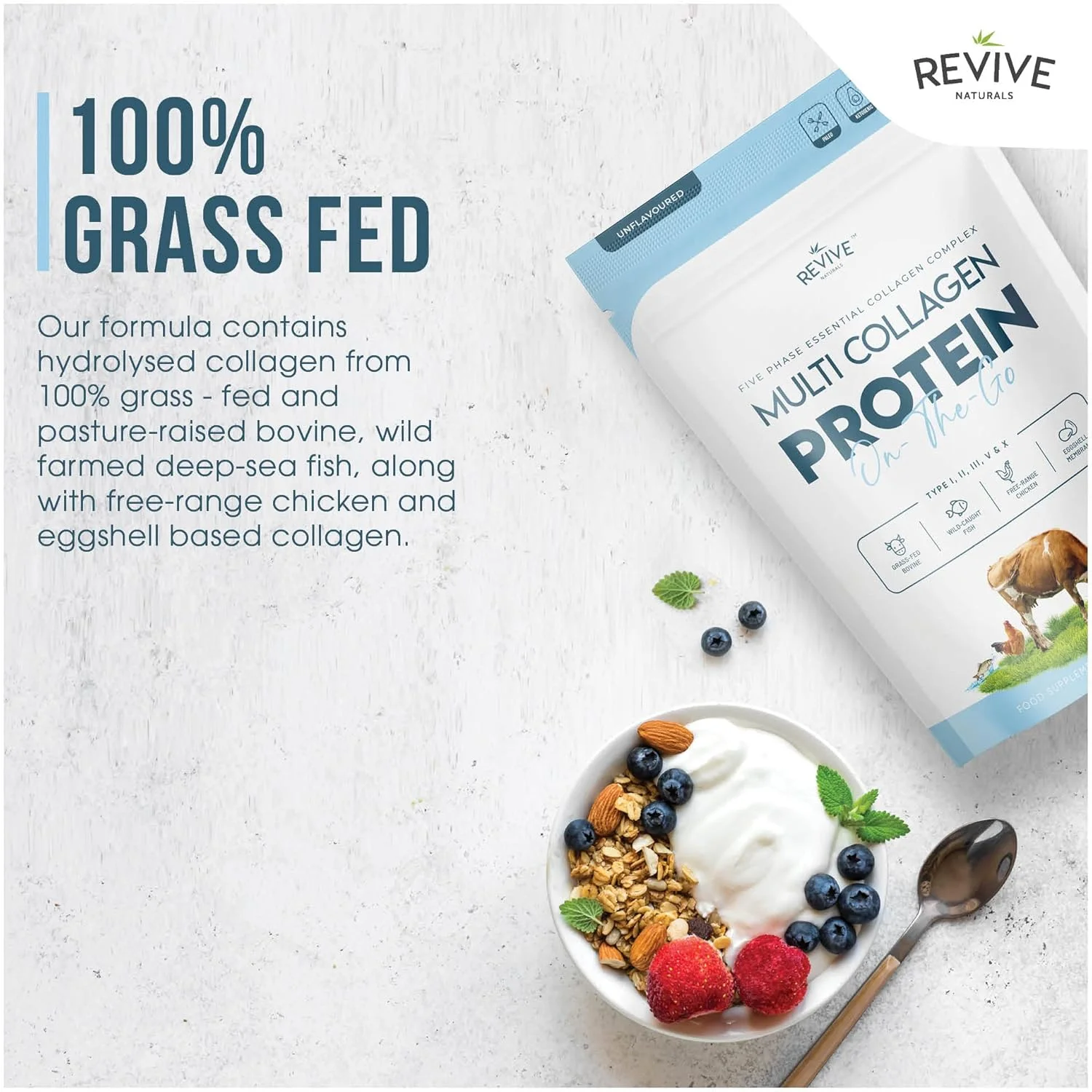 پودر کلاژن هیدرولیز شده چندگانه Revive Naturals (113 گرم) - انواع I، II، III، V & X - کلاژن پپتیدهای گاوی تغذیه شده با علف، مرغ آزاد و پوسته تخم مرغ، غیر GMO، بدون گلوتن. پودر کلاژن هیدرولیز شده چندگانه Revive Naturals (113 گرم) - انواع I، II، III، V & X - کلاژن پپتیدهای گاوی تغذیه شده با علف، مرغ آزاد و پوسته تخم مرغ، غیر GMO، بدون گلوتن.