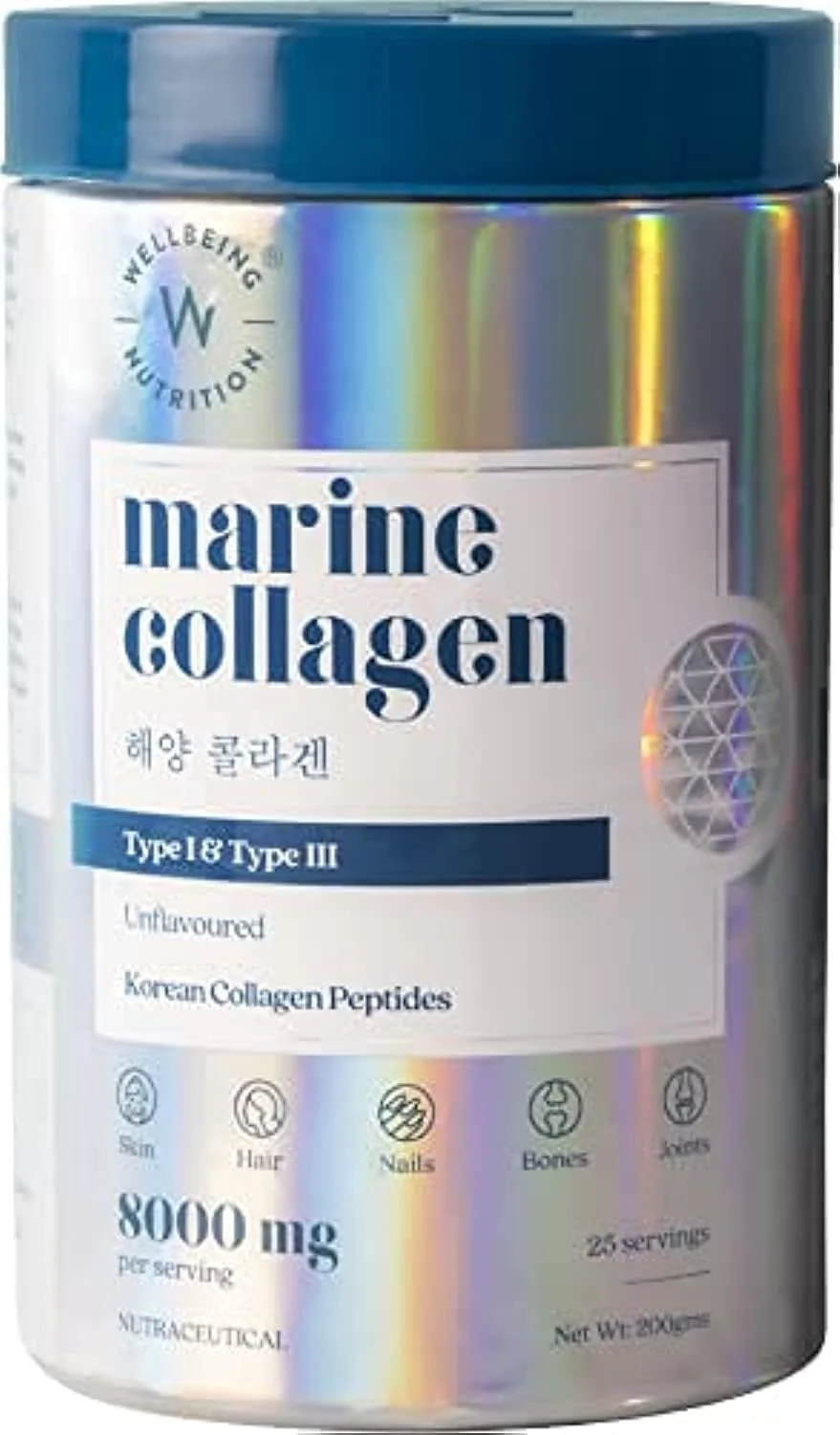 پودر کلاژن دریایی خالص کرهای Wellbeing Nutrition | پروتئین کلاژن هیدرولیز شده نوع 1 و 3 و آمینو اسیدها | پشتیبانی از سلامت پوست، مو، ناخن، استخوان و مفاصل، غیر GMO، بدون طعم - 200 گرم پودر کلاژن دریایی خالص کرهای Wellbeing Nutrition | پروتئین کلاژن هیدرولیز شده نوع 1 و 3 و آمینو اسیدها | پشتیبانی از سلامت پوست، مو، ناخن، استخوان و مفاصل، غیر GMO، بدون طعم - 200 گرم