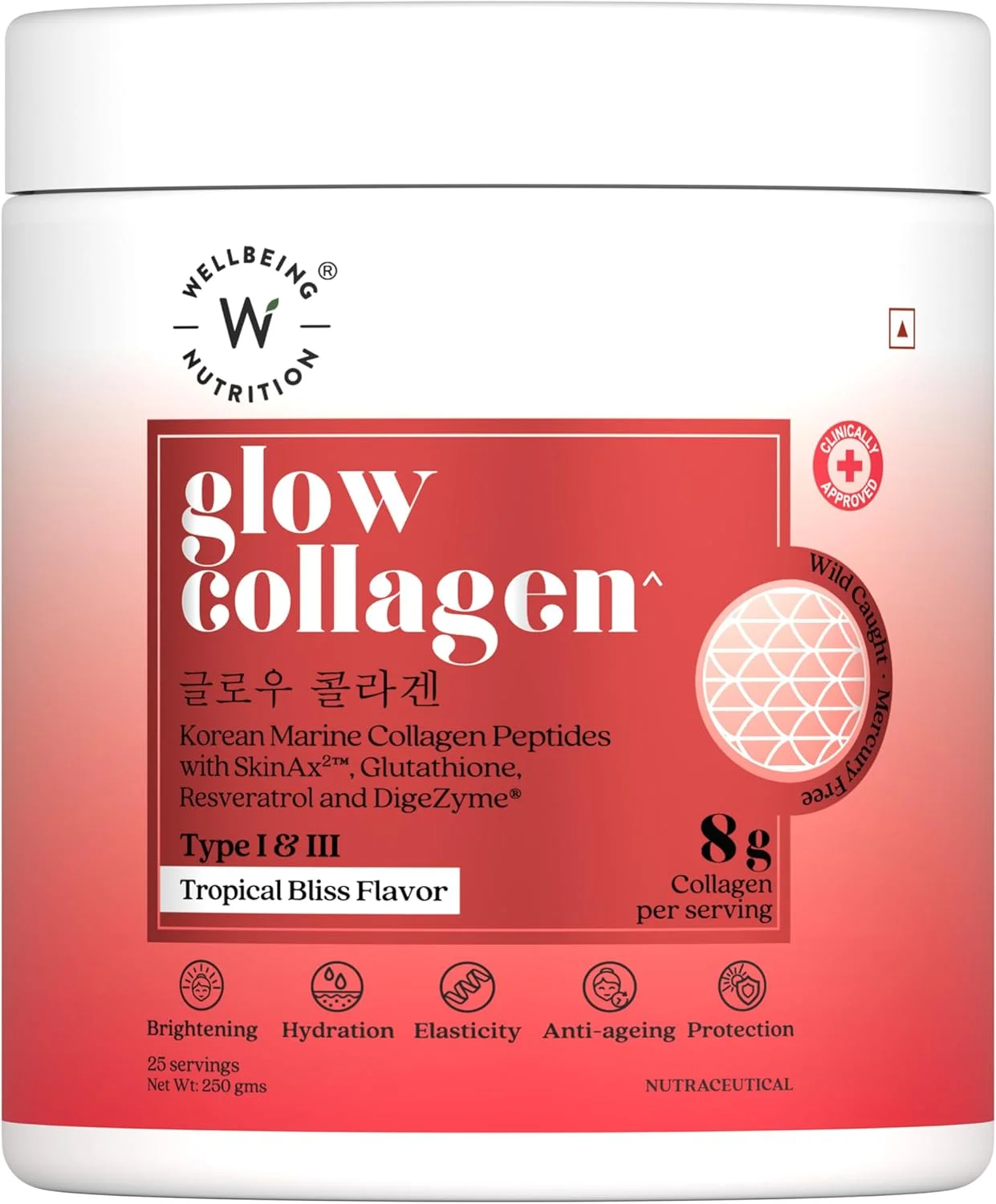 پپتیدهای کلاژن دریایی ژاپنی WELLBEING NUTRITION Glow با پوست، گلوتاتیون، رسوراترول، بروملین و گوجی بری | طعم Tropical Bliss - 250 گرم پپتیدهای کلاژن دریایی ژاپنی WELLBEING NUTRITION Glow با پوست، گلوتاتیون، رسوراترول، بروملین و گوجی بری | طعم Tropical Bliss - 250 گرم