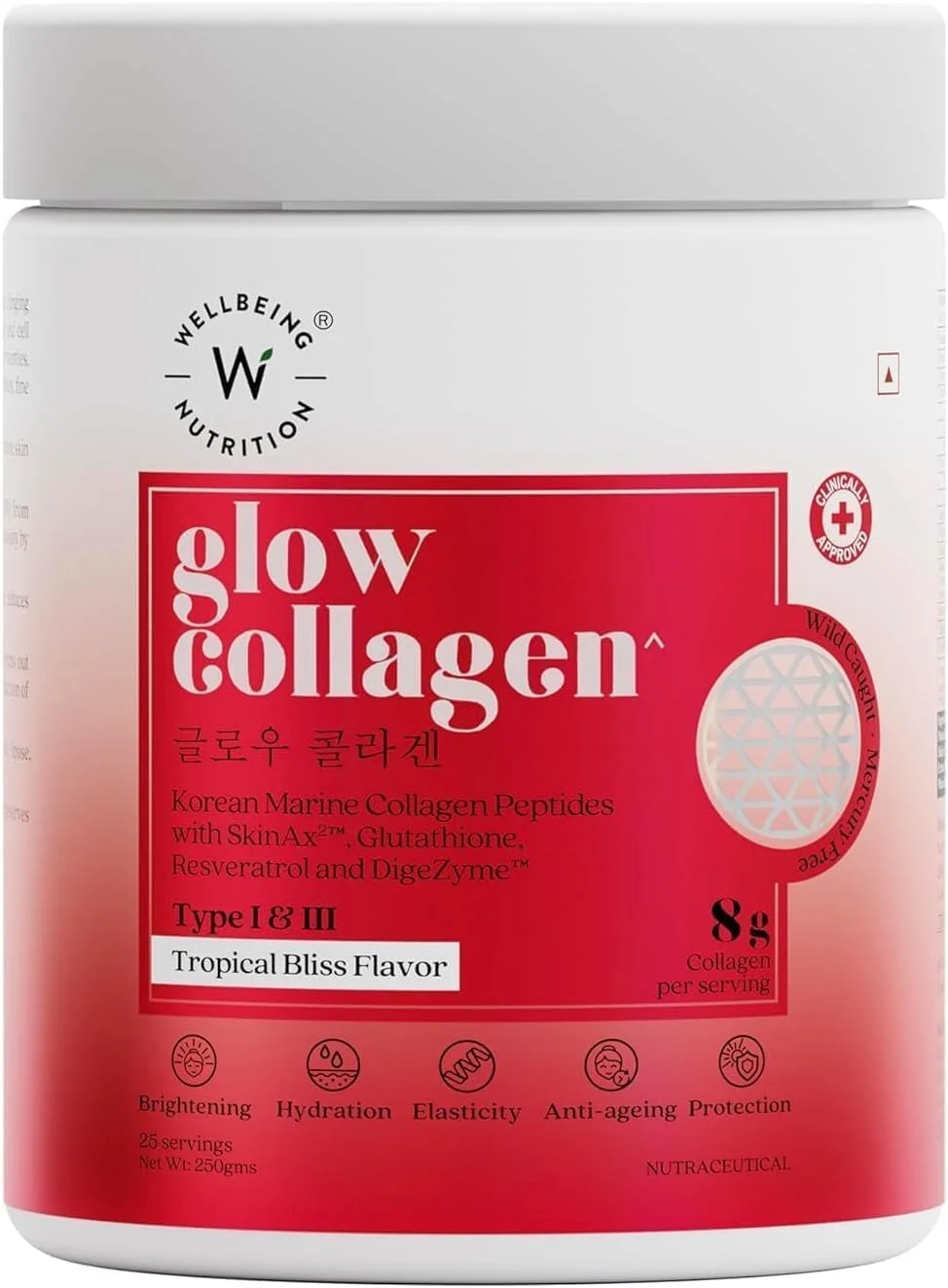 پپتیدهای کلاژن دریایی کره ای Wellbeing Nutrition Glow با طعم Tropical Bliss 250 گرم پپتیدهای کلاژن دریایی کره ای Wellbeing Nutrition Glow با طعم Tropical Bliss 250 گرم