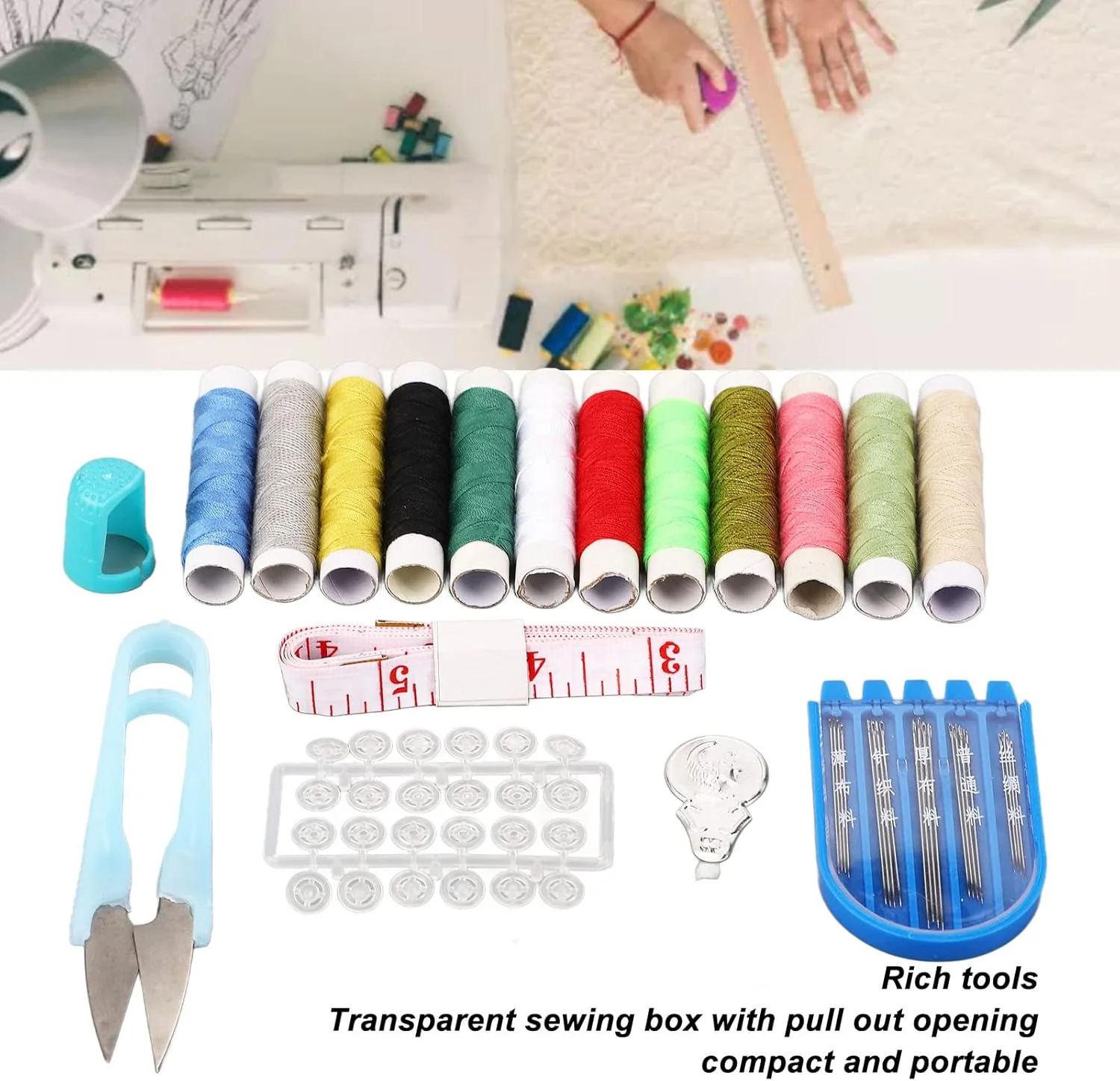ست خیاطی قابل حمل، جعبه خیاطی برای بزرگسالان، مبتدیان، کودکان، مسافران، تعمیرات اضطراری خانوادگی، لوازم خیاطی با 12 رنگ نخ، متر نواری، قیچی، سوزن و سایر لوازم جانبی ست خیاطی قابل حمل، جعبه خیاطی برای بزرگسالان، مبتدیان، کودکان، مسافران، تعمیرات اضطراری خانوادگی، لوازم خیاطی با 12 رنگ نخ، متر نواری، قیچی، سوزن و سایر لوازم جانبی