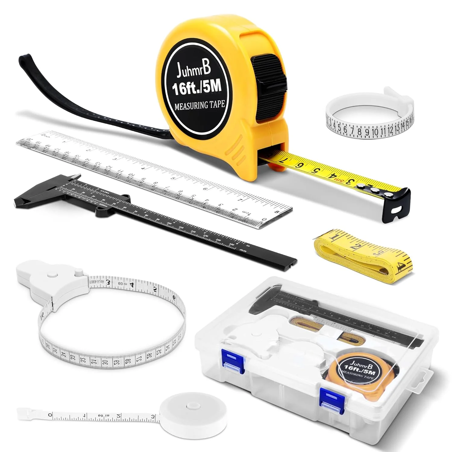 مجموعه متر نواری 16 فوتی QSIMI شامل متر جمع شونده خود قفل شونده، متر نواری نرم برای بدن، ابزار اندازه گیری سایز انگشتر، کولیس ورنیه پلاستیکی، خط کش مستقیم، متر نواری خیاطی، جعبه نگهداری