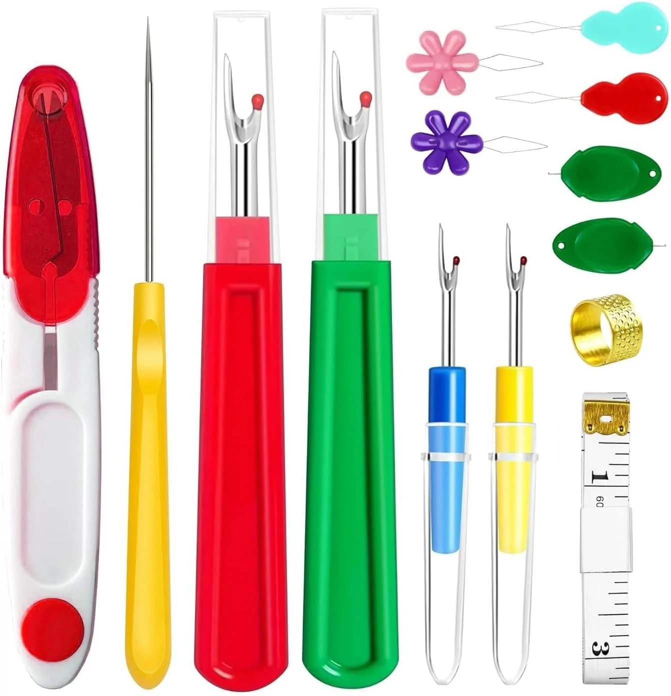 نخ باز کن خیاطی – 2 عدد بزرگ و 2 عدد کوچک، ابزار جدا کننده بخیه، شکافنده، ابزار حذف گلدوزی، به همراه سوزن نخ کن، انگشتانه، متر نواری، درفش خیاطی و قیچی نخ چین نخ باز کن خیاطی – 2 عدد بزرگ و 2 عدد کوچک، ابزار جدا کننده بخیه، شکافنده، ابزار حذف گلدوزی، به همراه سوزن نخ کن، انگشتانه، متر نواری، درفش خیاطی و قیچی نخ چین