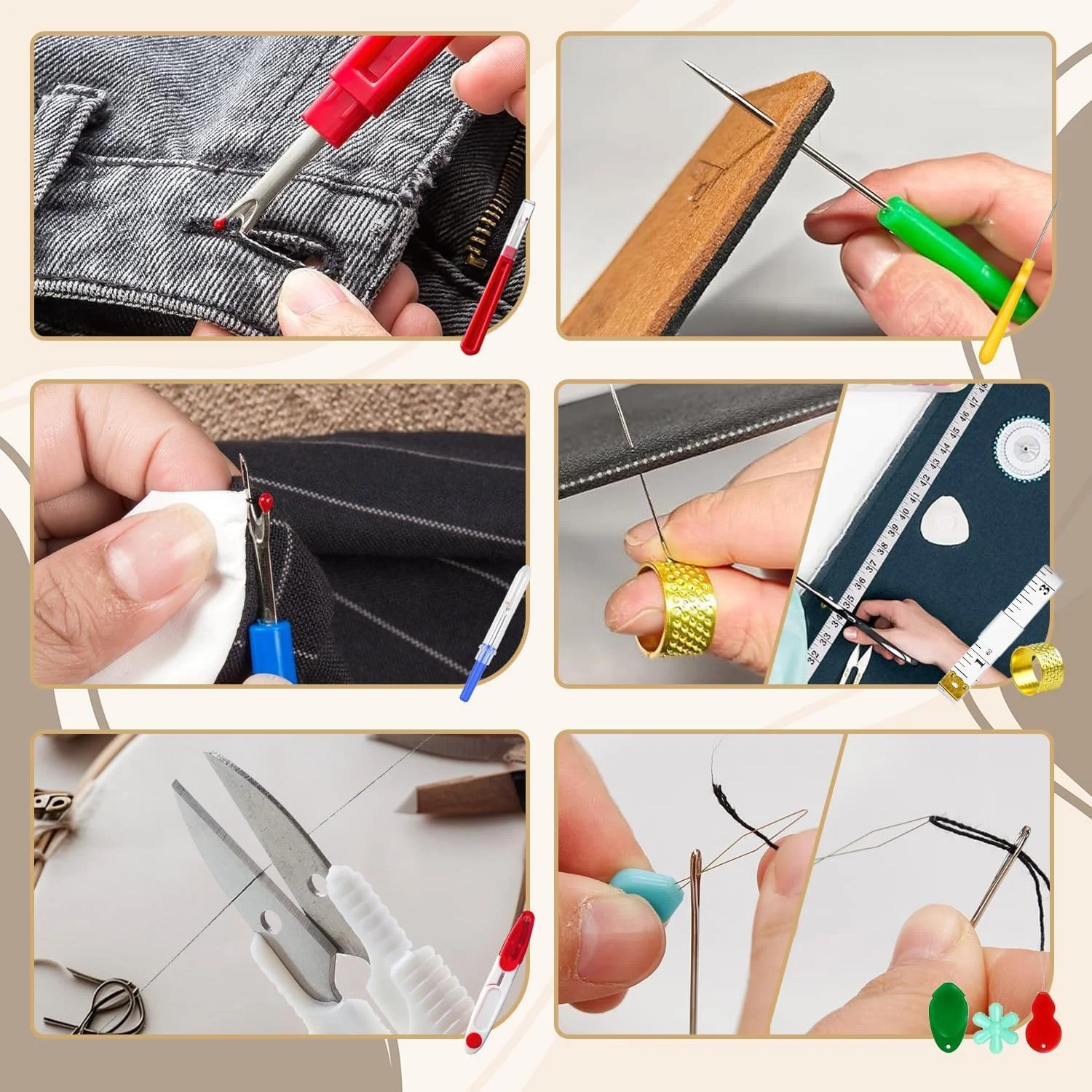 نخ باز کن خیاطی – 2 عدد بزرگ و 2 عدد کوچک، ابزار جدا کننده بخیه، شکافنده، ابزار حذف گلدوزی، به همراه سوزن نخ کن، انگشتانه، متر نواری، درفش خیاطی و قیچی نخ چین نخ باز کن خیاطی – 2 عدد بزرگ و 2 عدد کوچک، ابزار جدا کننده بخیه، شکافنده، ابزار حذف گلدوزی، به همراه سوزن نخ کن، انگشتانه، متر نواری، درفش خیاطی و قیچی نخ چین