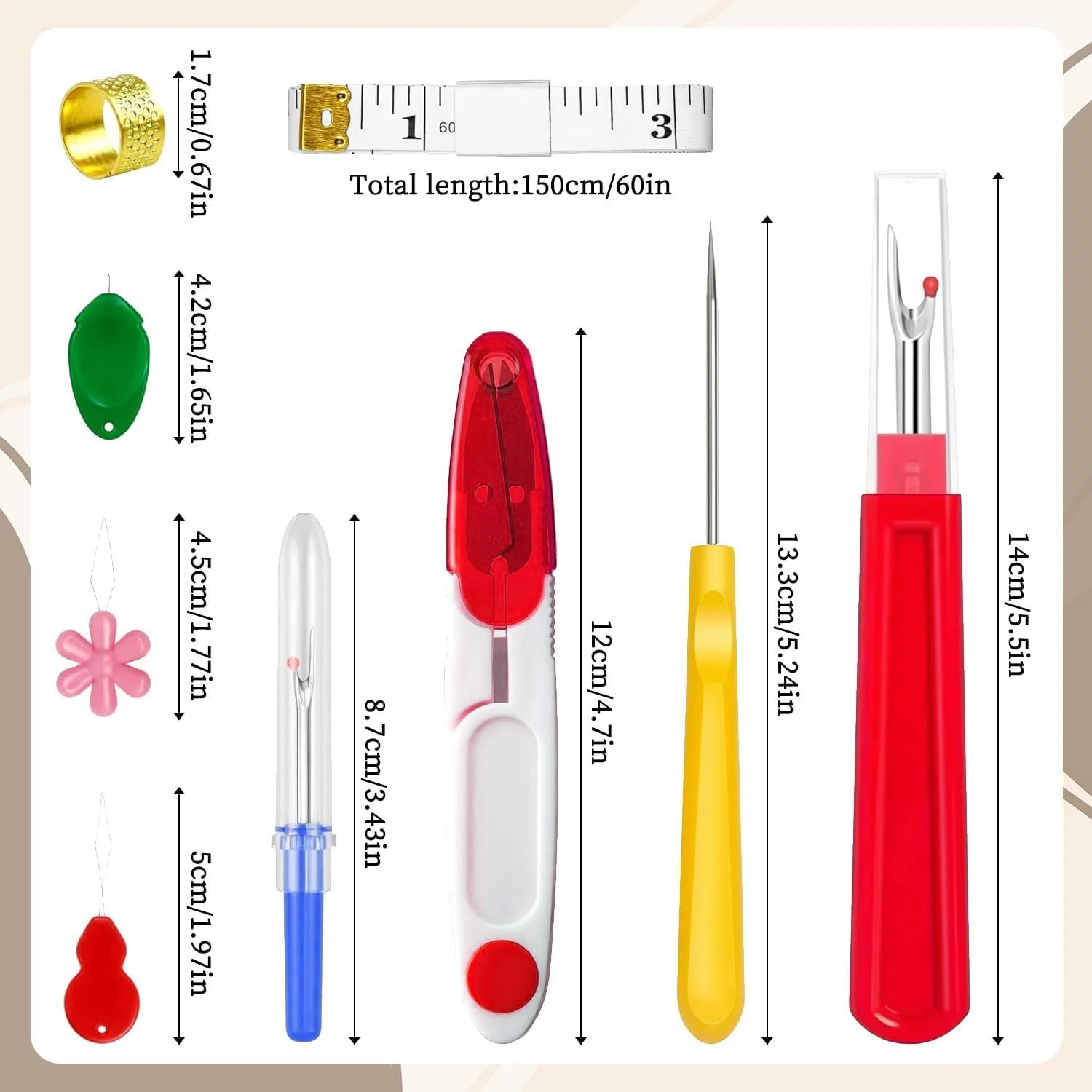 نخ باز کن خیاطی – 2 عدد بزرگ و 2 عدد کوچک، ابزار جدا کننده بخیه، شکافنده، ابزار حذف گلدوزی، به همراه سوزن نخ کن، انگشتانه، متر نواری، درفش خیاطی و قیچی نخ چین نخ باز کن خیاطی – 2 عدد بزرگ و 2 عدد کوچک، ابزار جدا کننده بخیه، شکافنده، ابزار حذف گلدوزی، به همراه سوزن نخ کن، انگشتانه، متر نواری، درفش خیاطی و قیچی نخ چین
